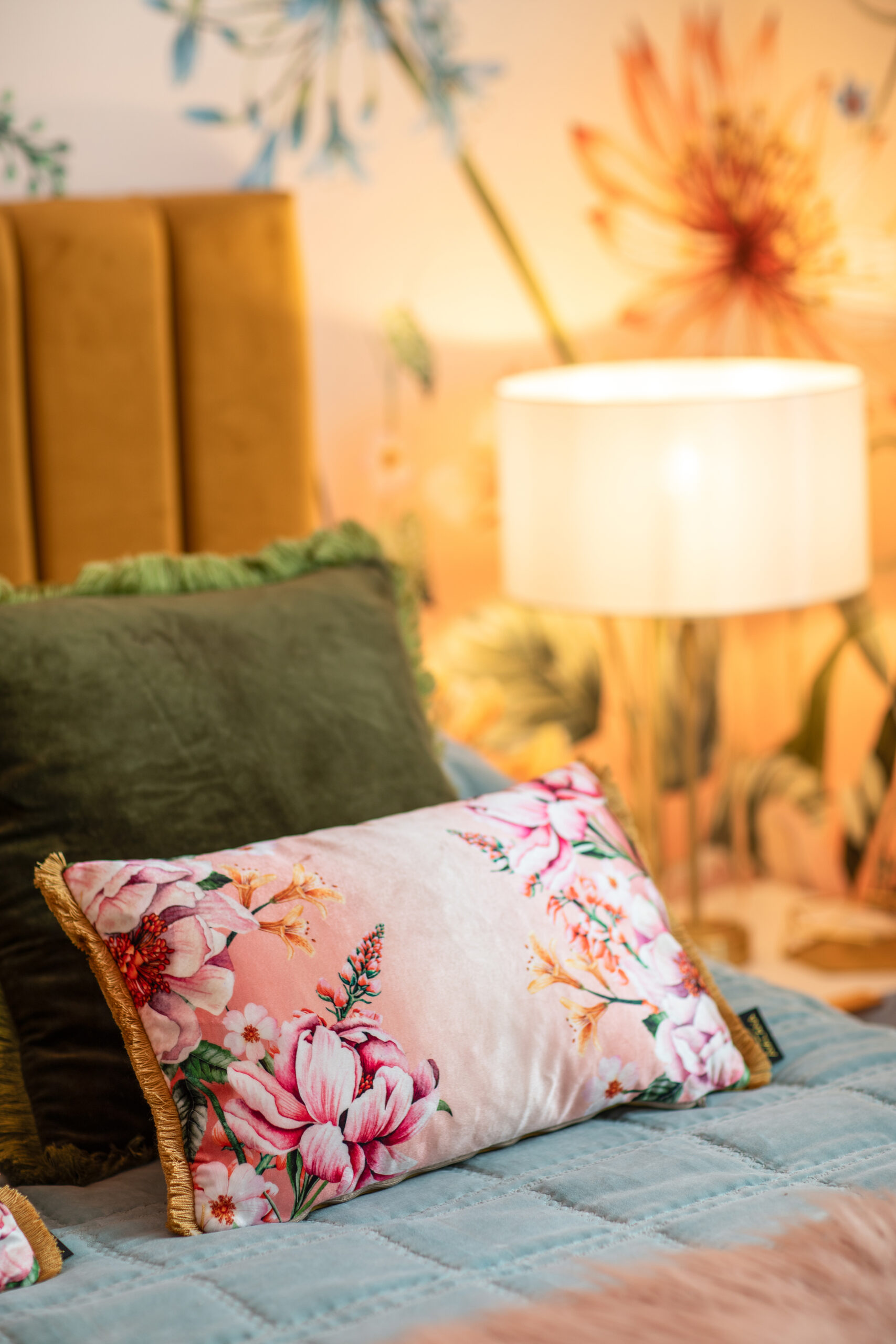 Blush Blooms Fringe Velvet Cushion Cover