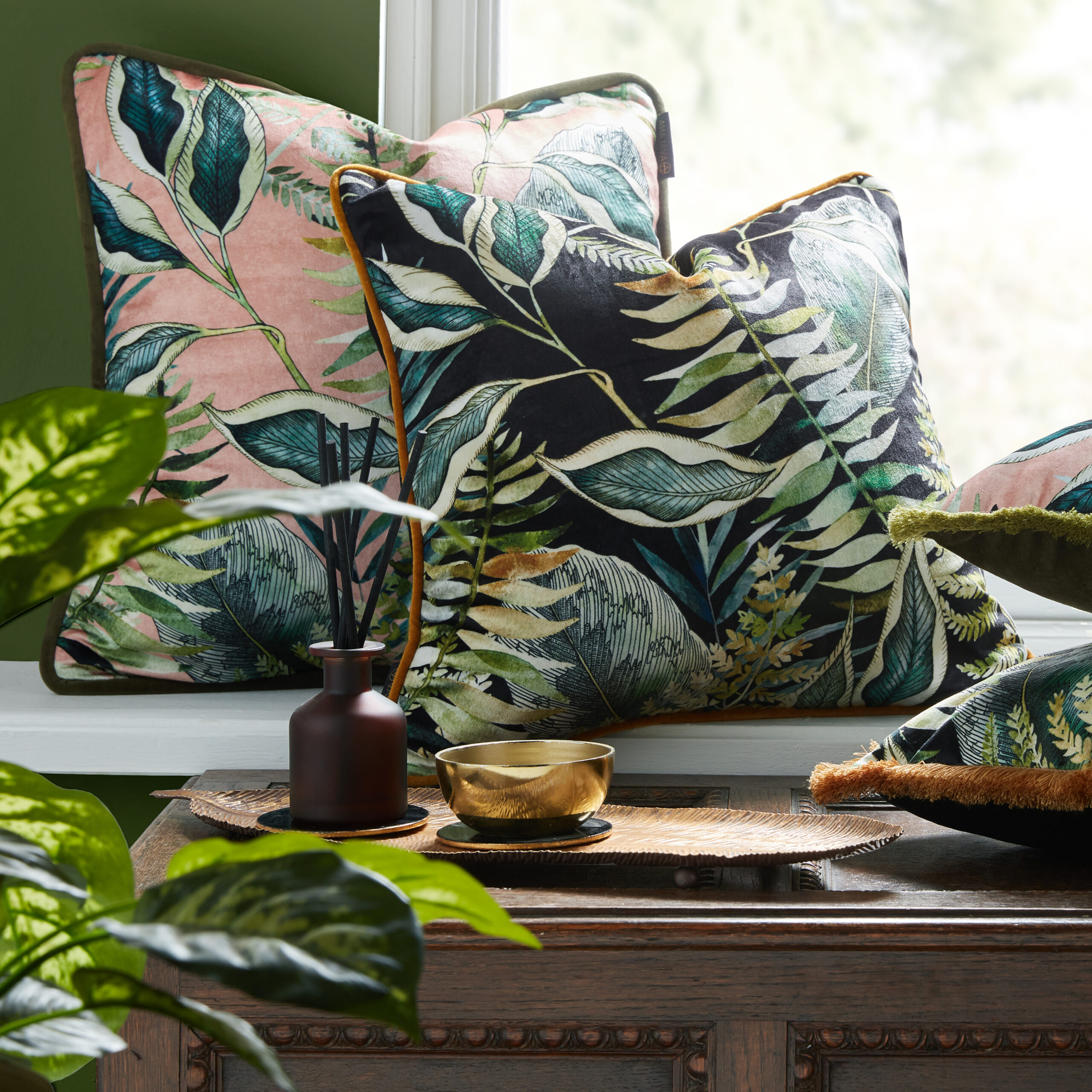 Dark Tropics Piped Velvet Cushion Cover