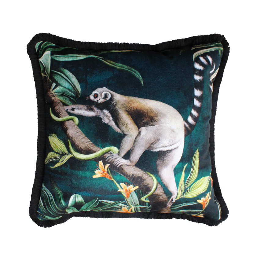 Ring Tailed Lemur Fringe Velvet Cushion Cover