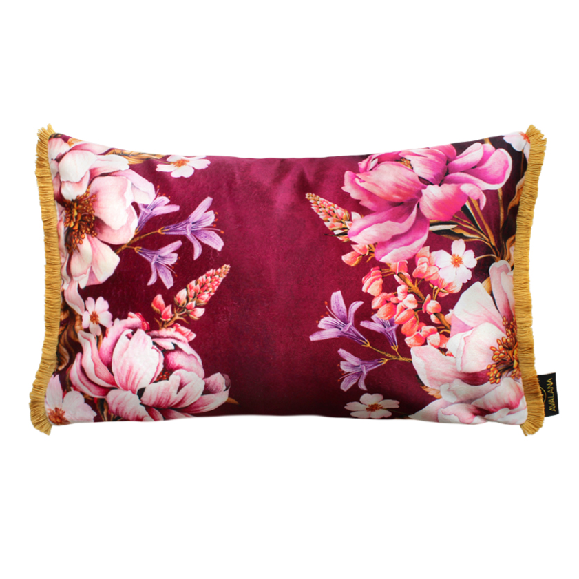 Magenta Blooms Fringe Velvet Cushion Cover