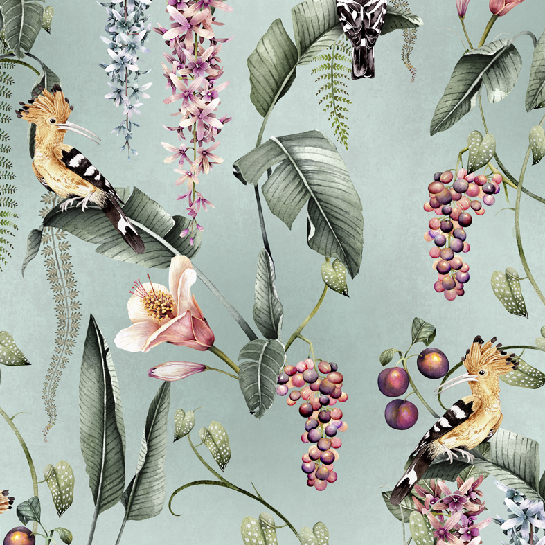 Hoopoe Garden Duck Egg Wallpaper