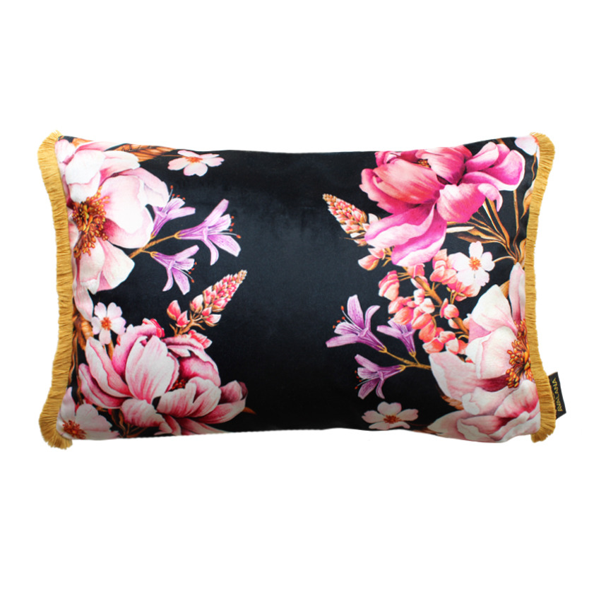 Noir Blooms Fringe Velvet Cushion Cover