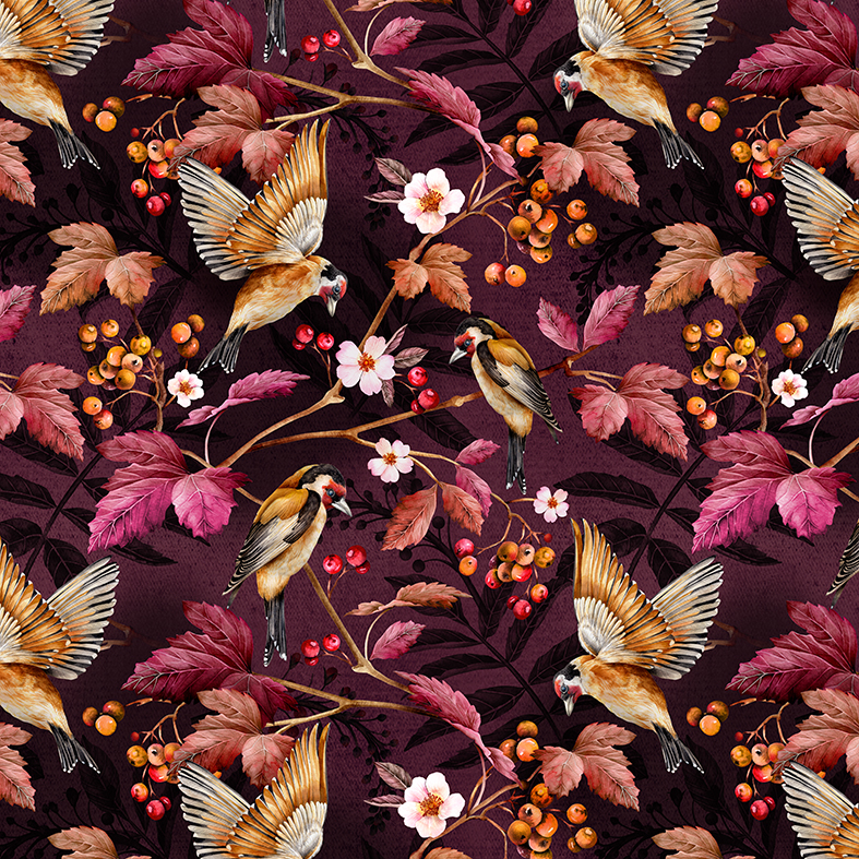 Goldfinches Aubergine Wallpaper