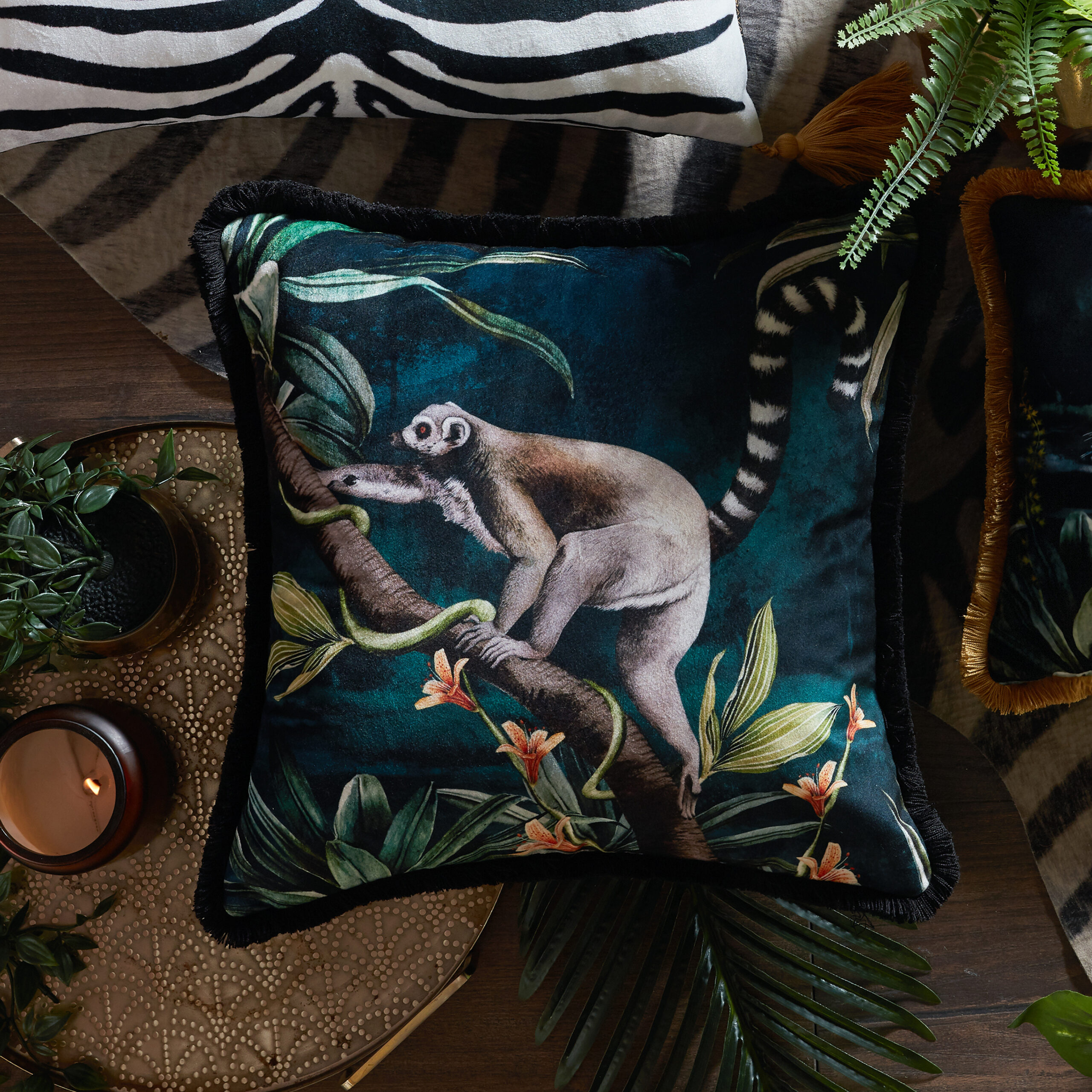 Ring Tailed Lemur Fringe Velvet Cushion Cover