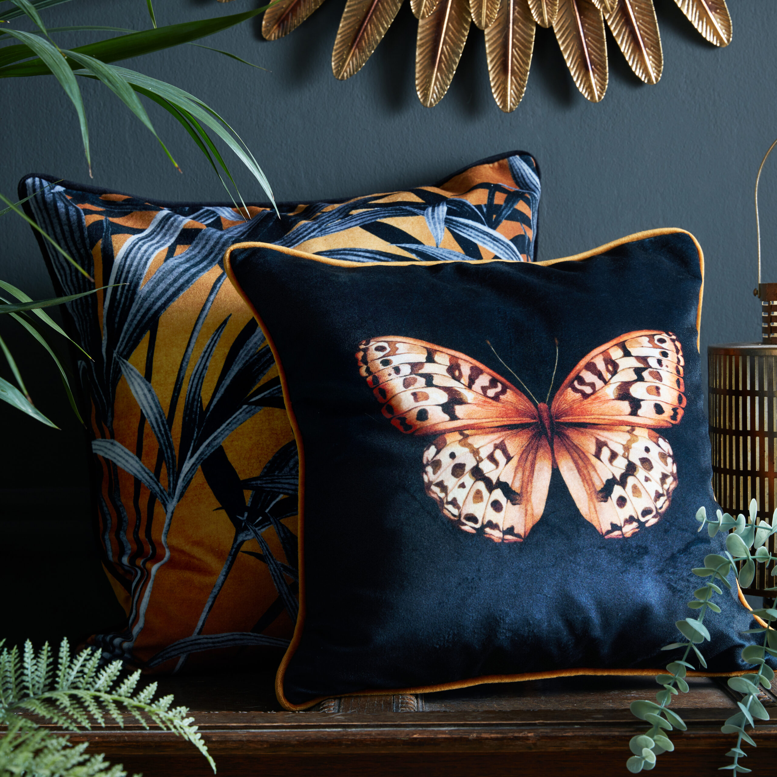 Golden Papilio Piped Velvet Cushion Cover