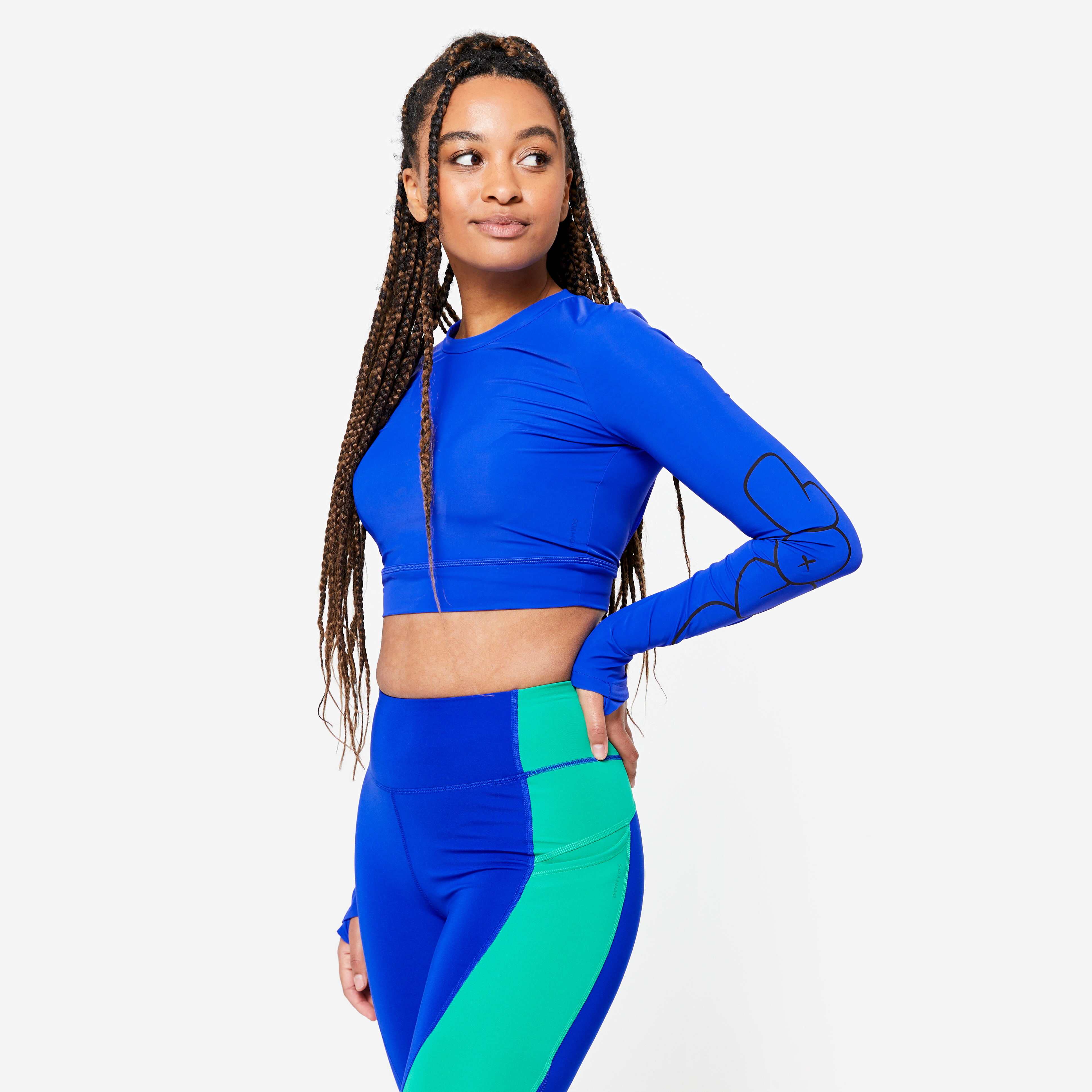Women's Long-Sleeved Crop Top - Blue Print