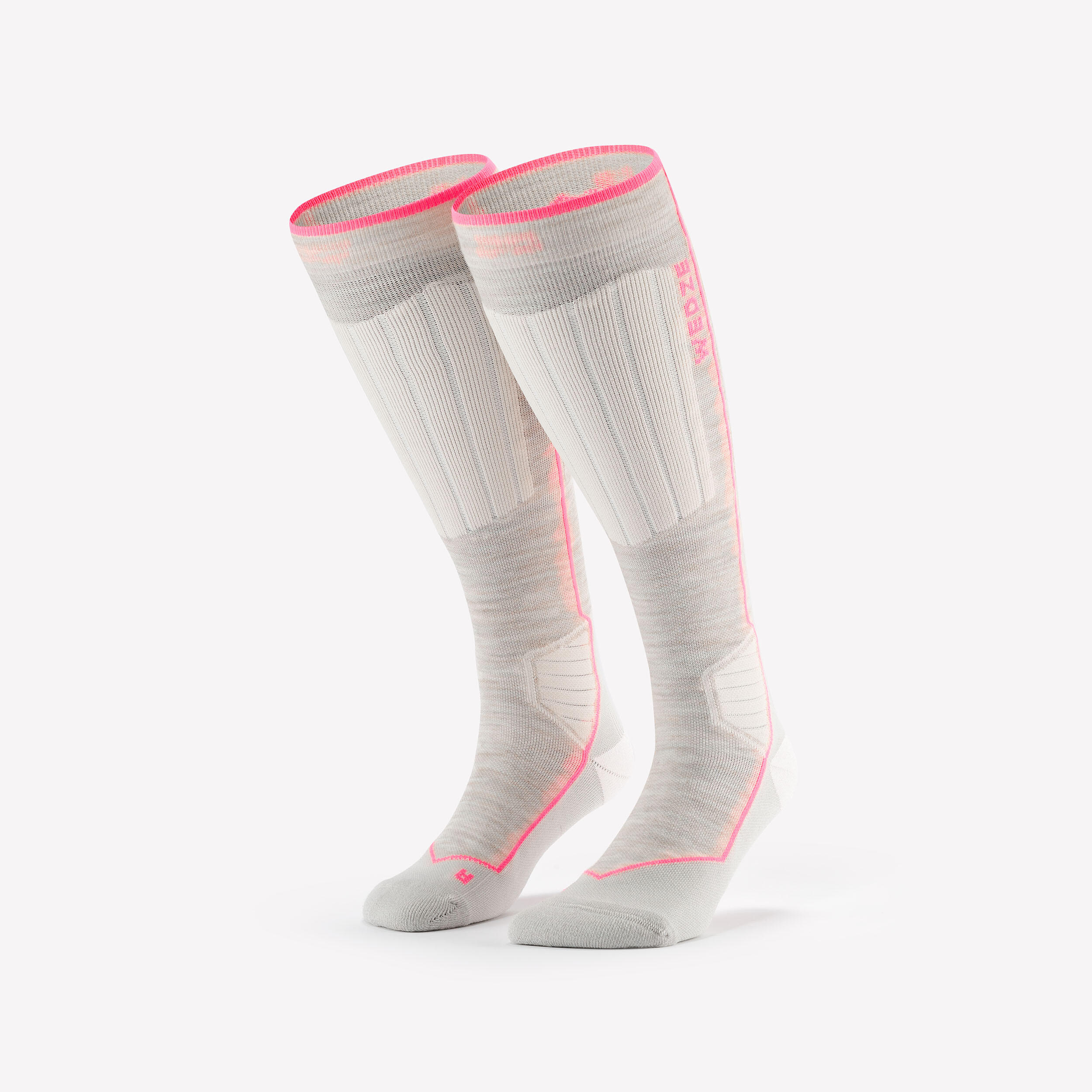 Adult Wool Ski and Snowboard Socks 900 Wool-Beige/Neon Pink