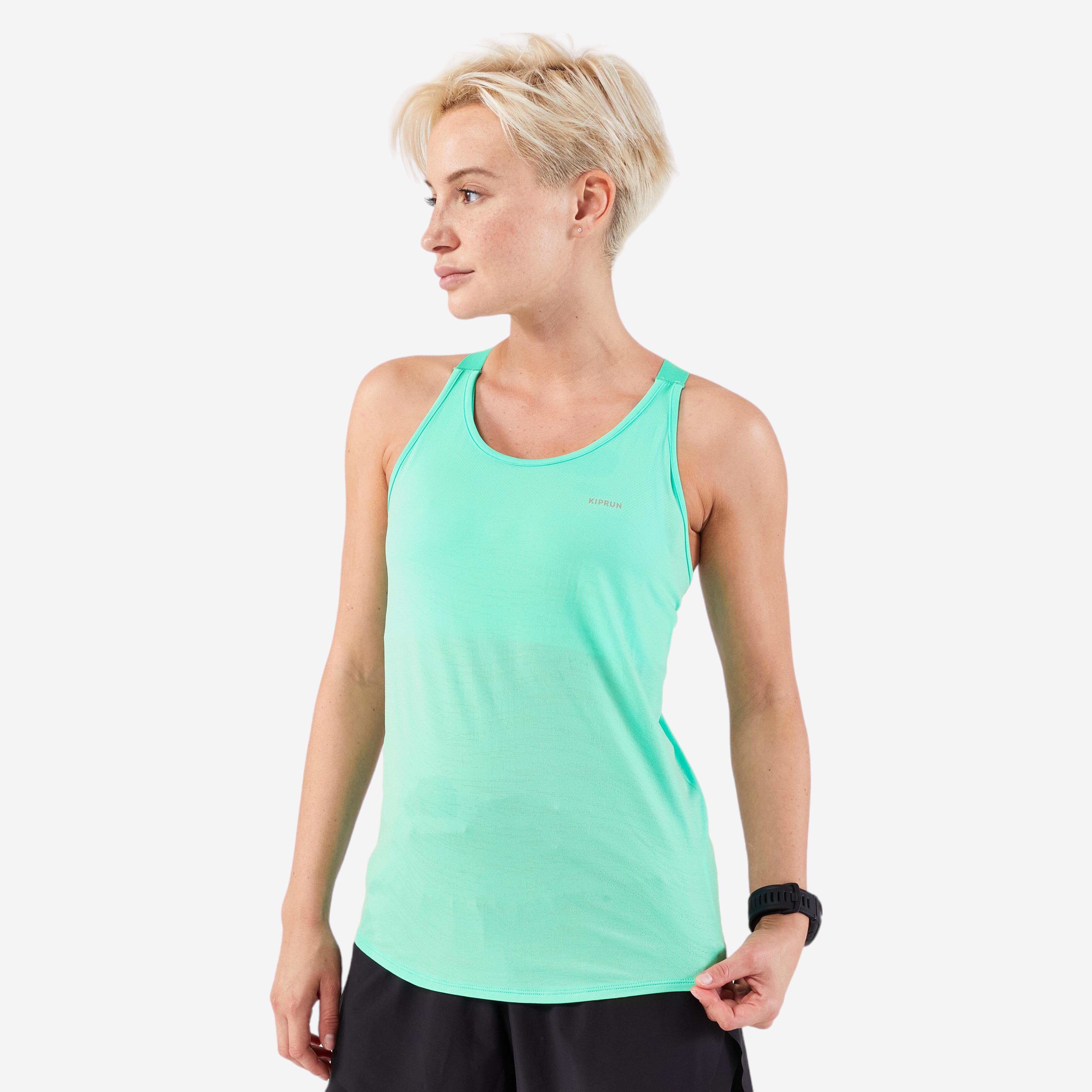 KIPRUN Run 500 women's running tank top with built-in bra - green