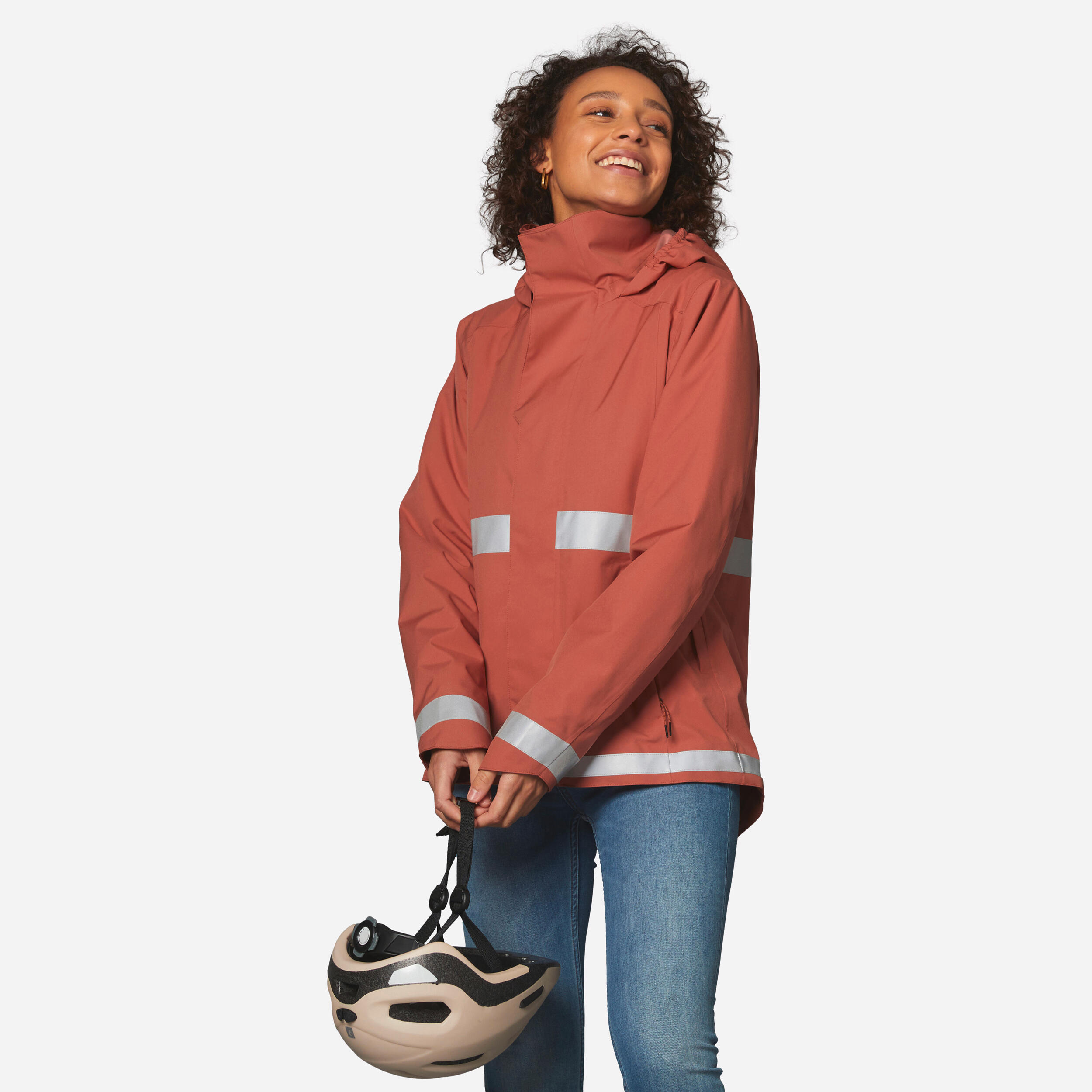 Women's City Cycling Night Visibility Warm Rain Jacket 540 - Terracotta
