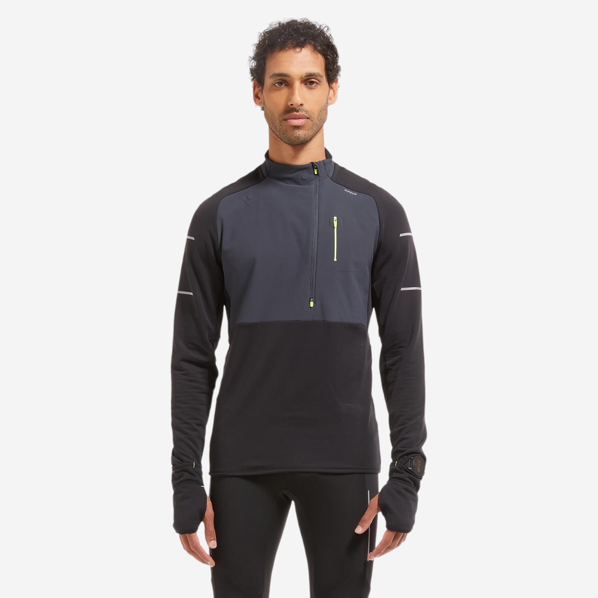 WARM REGUL MEN'S LONG-SLEEVED WINTER RUNNING T-SHIRT BLACK GREY YELLOW