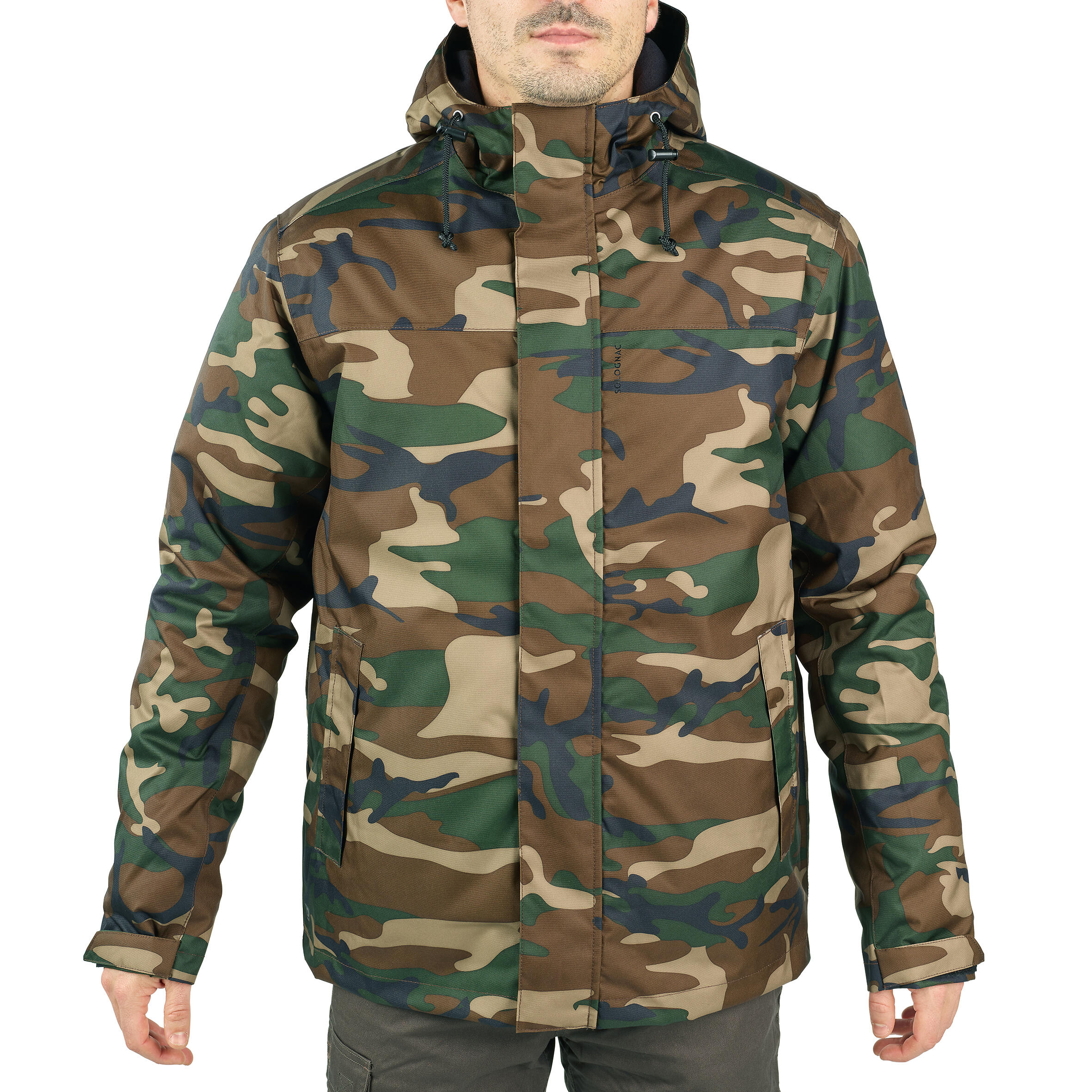 HUNTING WARM WATERPROOF JACKET CAMOUFLAGE WOODLAND GREEN 100