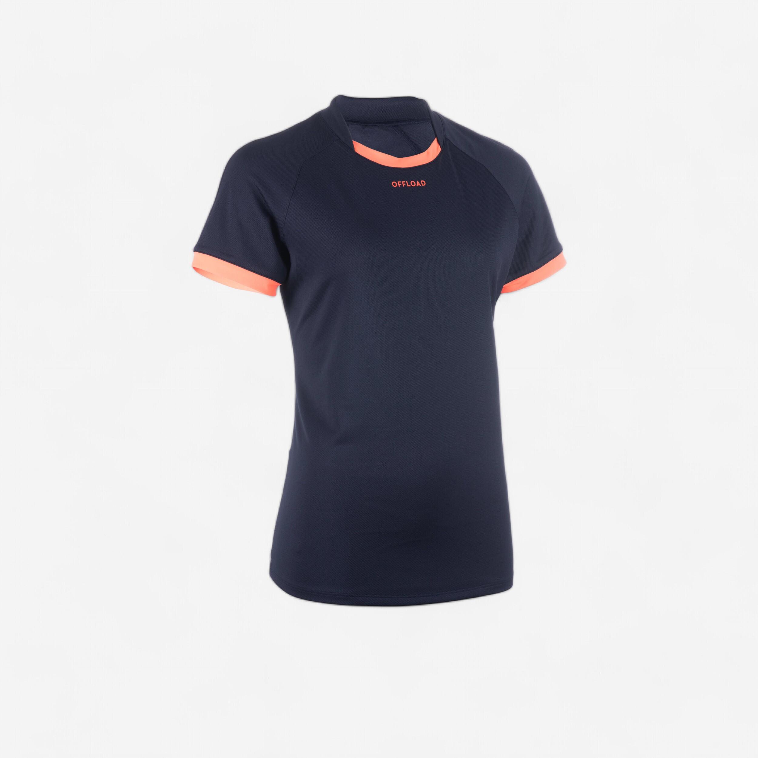 Women's Short-Sleeved Rugby Jersey R100 - Navy Blue/Coral