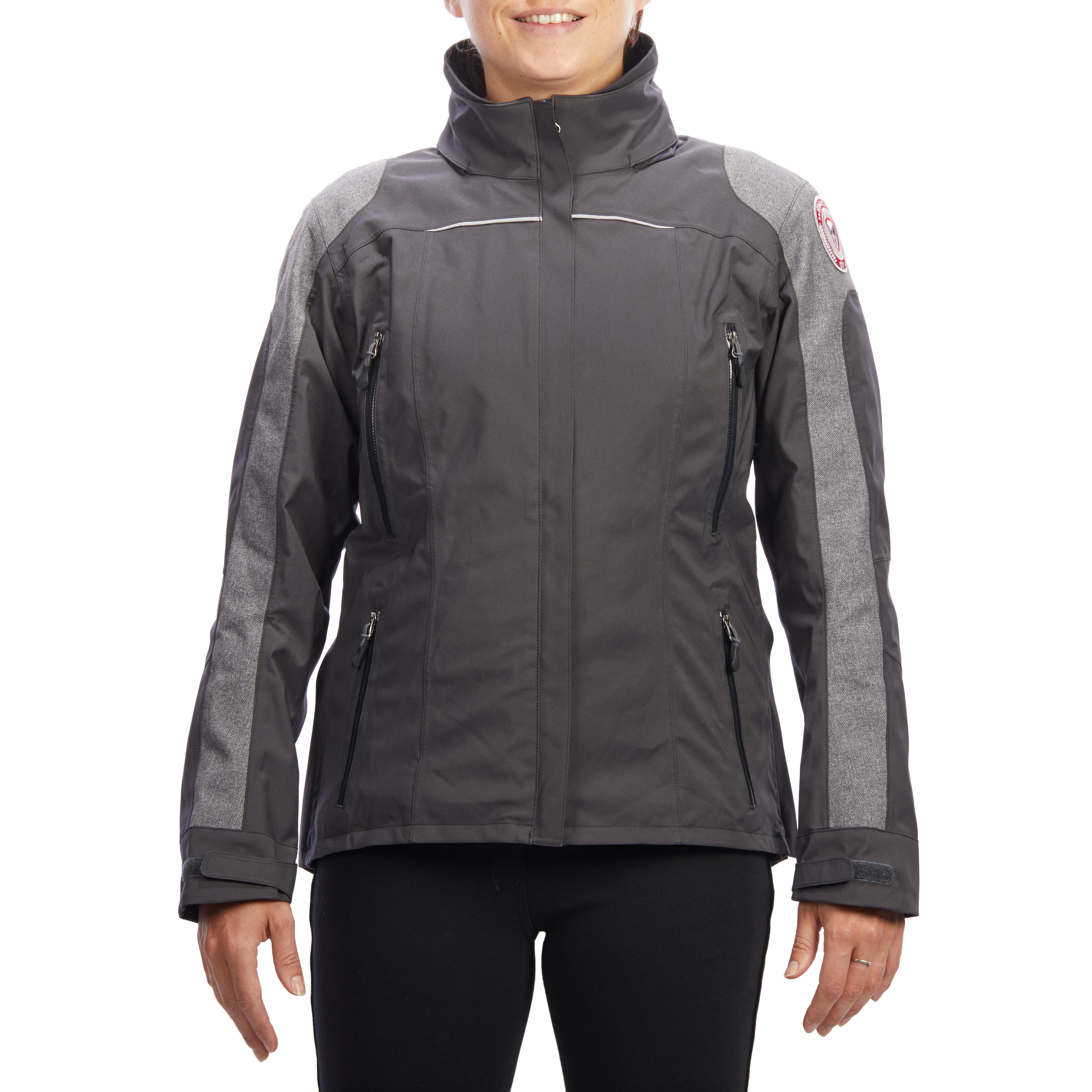 500 Women's Horse Riding Waterproof Jacket - Dark Grey and Chevron Pattern