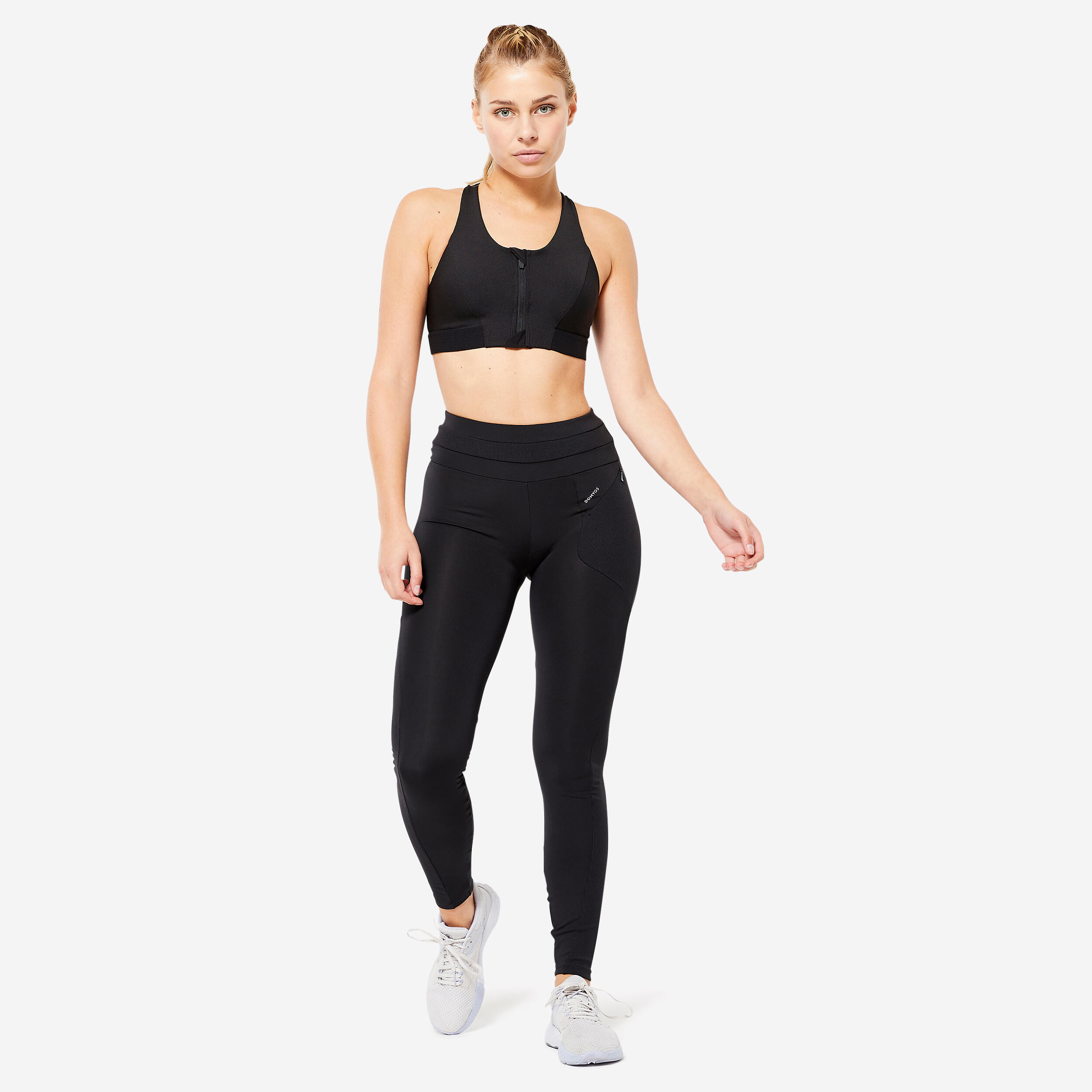 Women's Medium Support Ribbed Zip-Up Sports Bra - Black