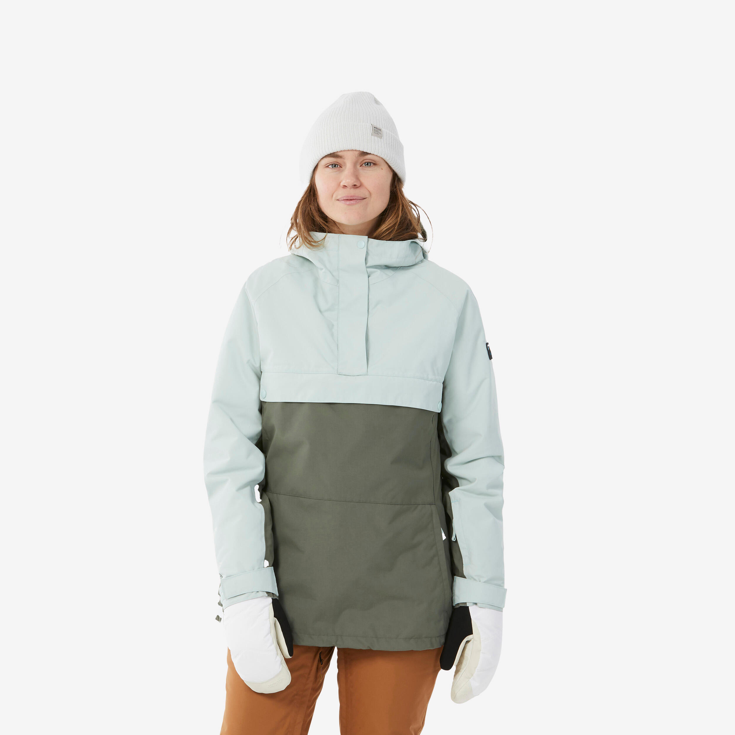 WOMEN'S SNB 100 SKI AND SNOWBOARD HALF ZIP JACKET (ANORAK) - KHAKI