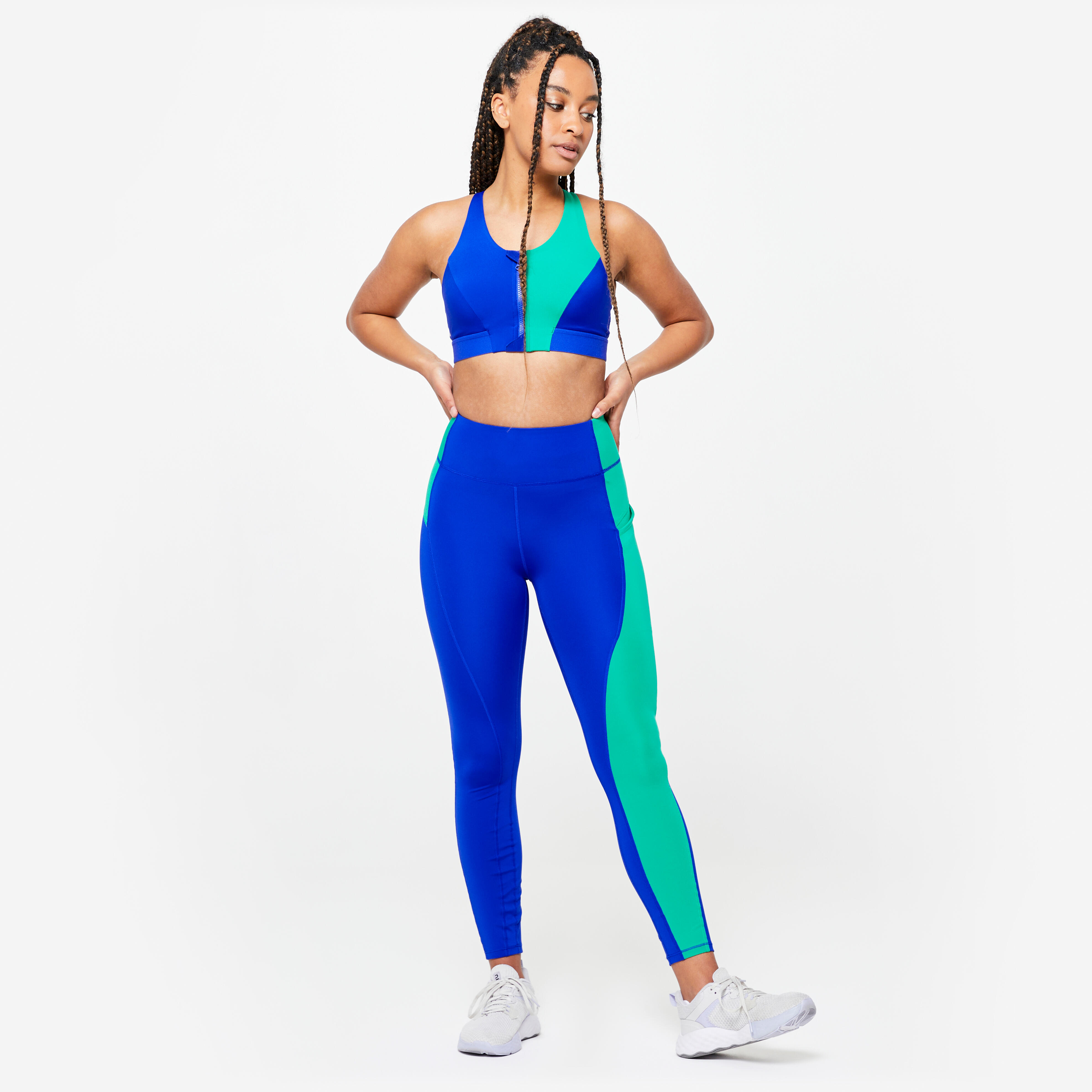 Women's Zip-Up Medium Support Sports Bra - Indigo Blue & Emerald Green
