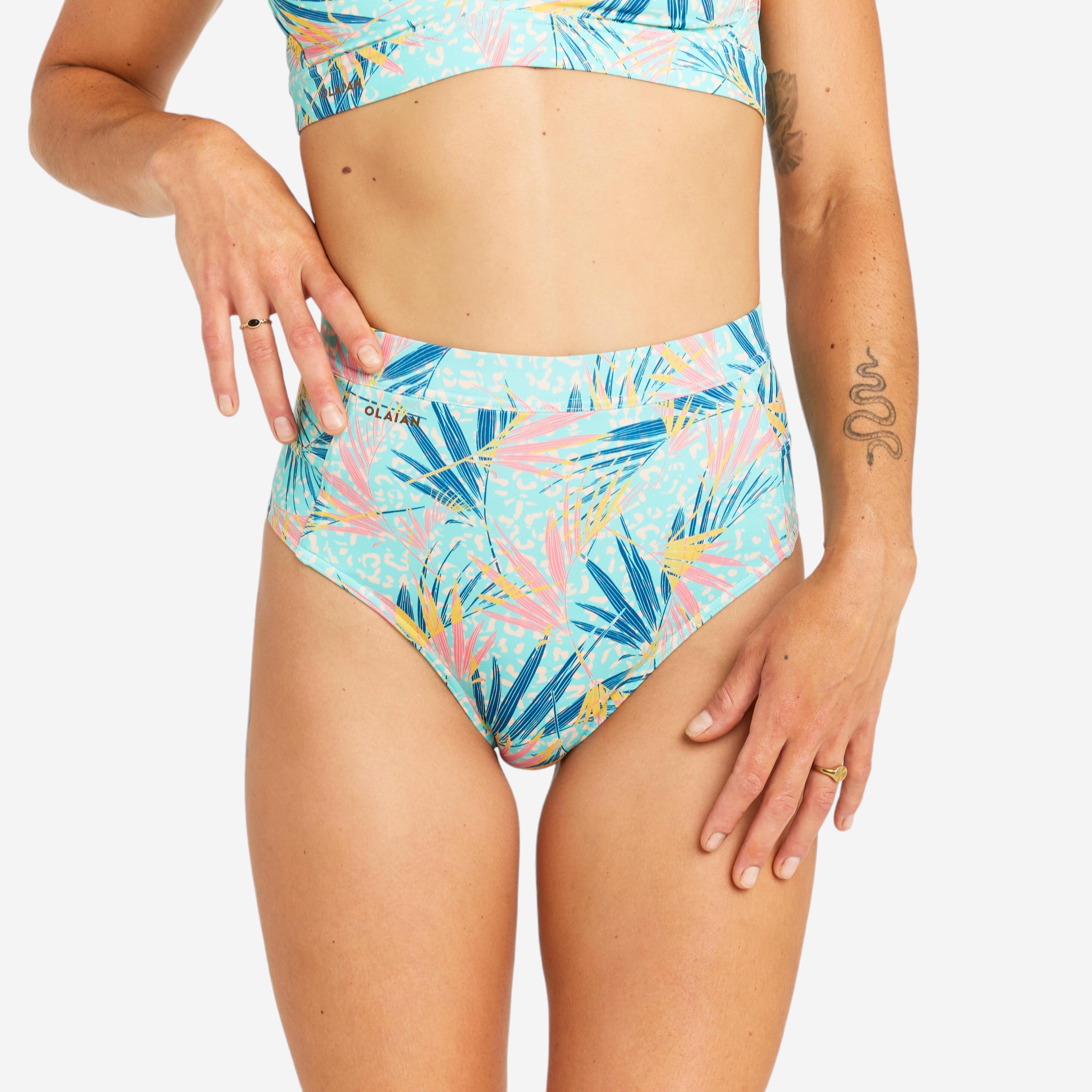 Women's high-waisted briefs swimsuit bottoms - Rosa leoplant turquoise