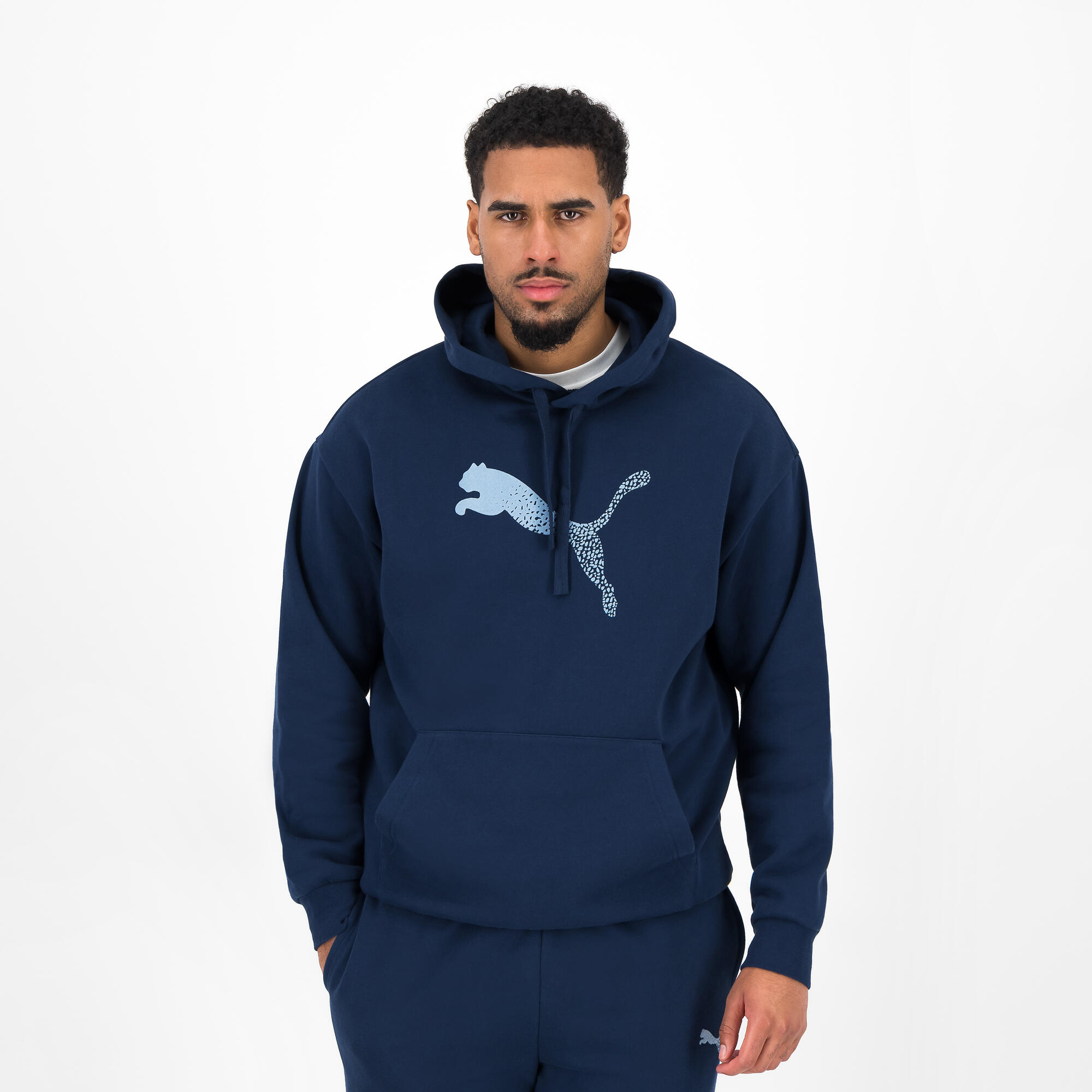 Men's Hooded Print Sweatshirt - Navy Blue