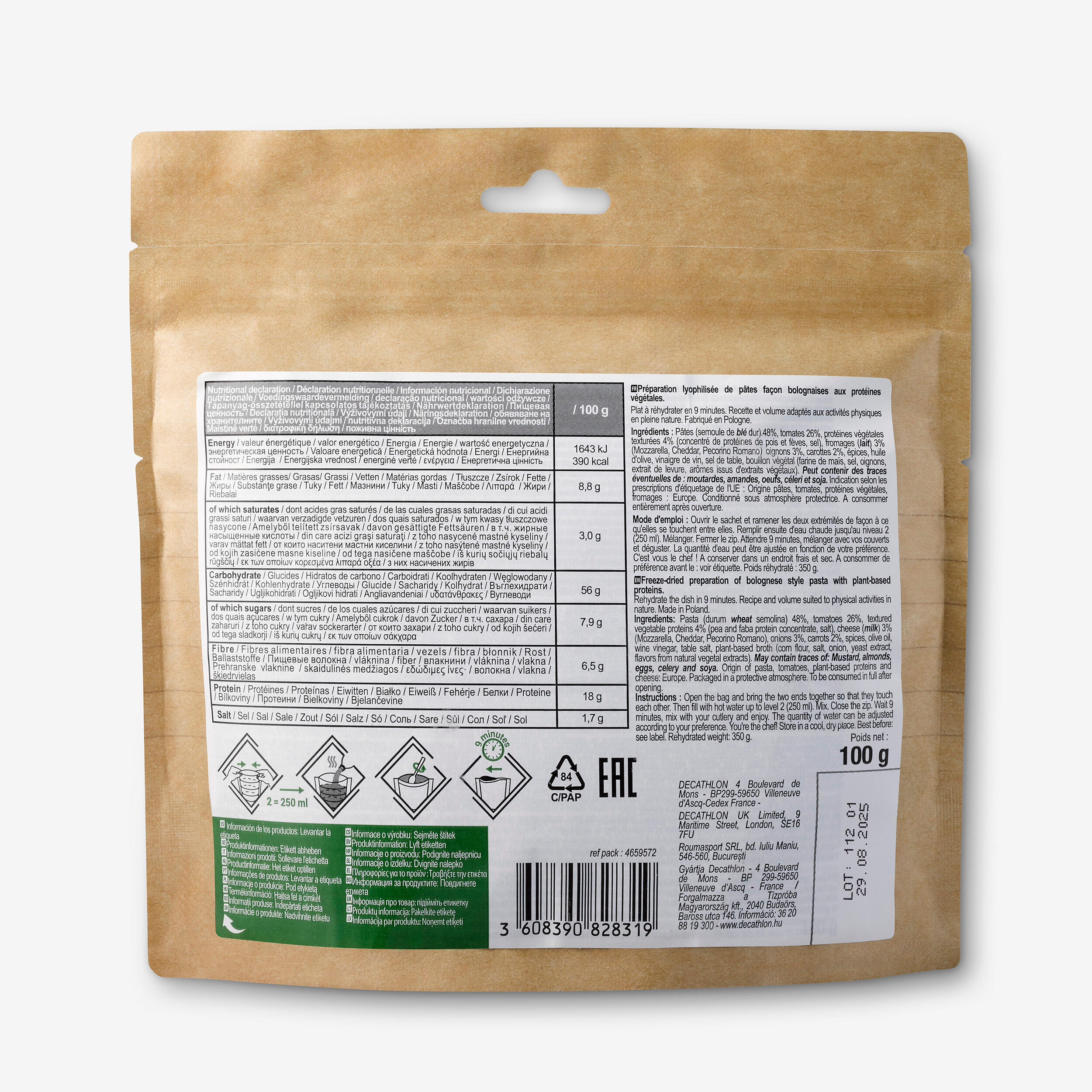 Freeze-dried bolognese pasta with pea protein - 100 g
