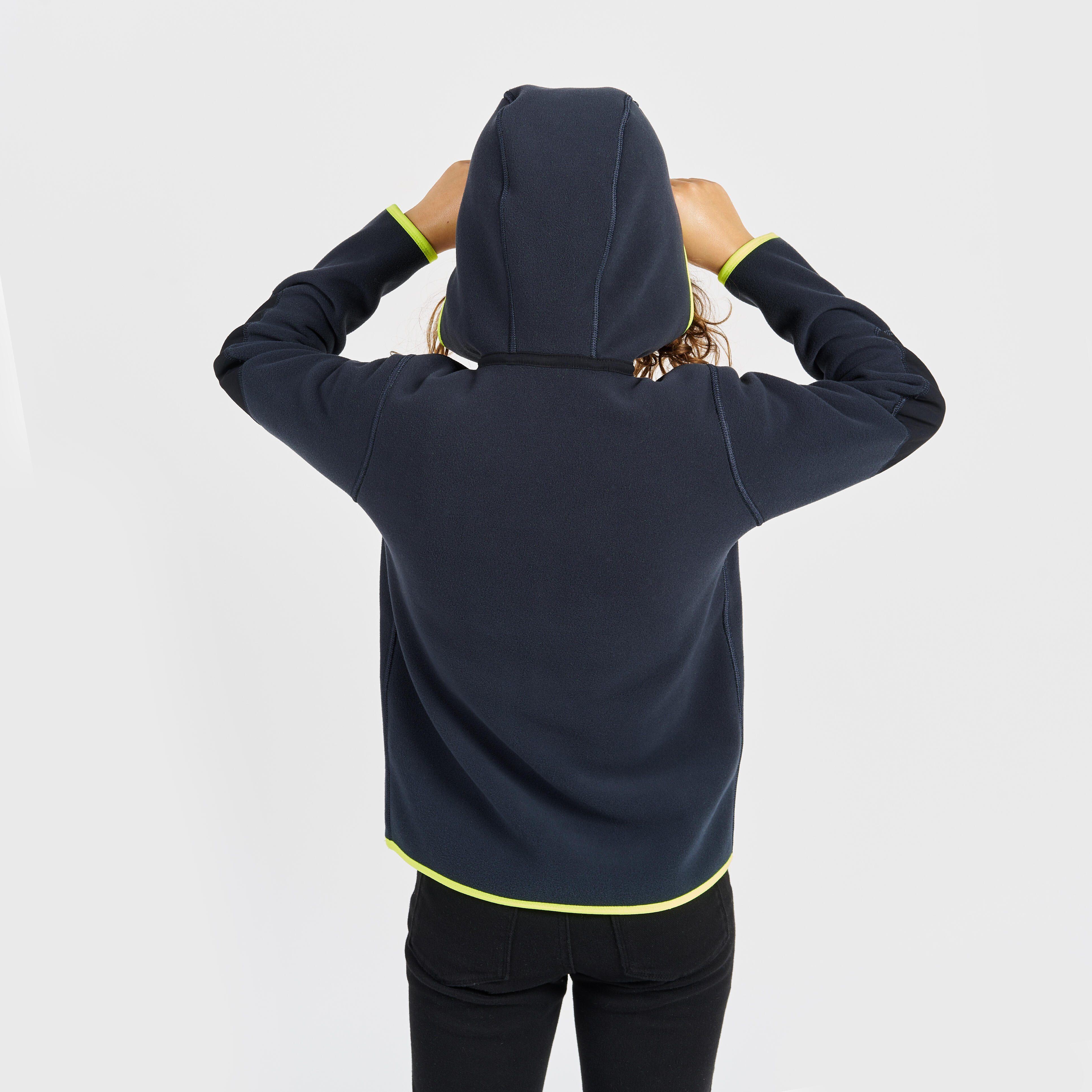 Kids’ Sailing fleece jacket  warm and reversible  500  navy blue/neon yellow