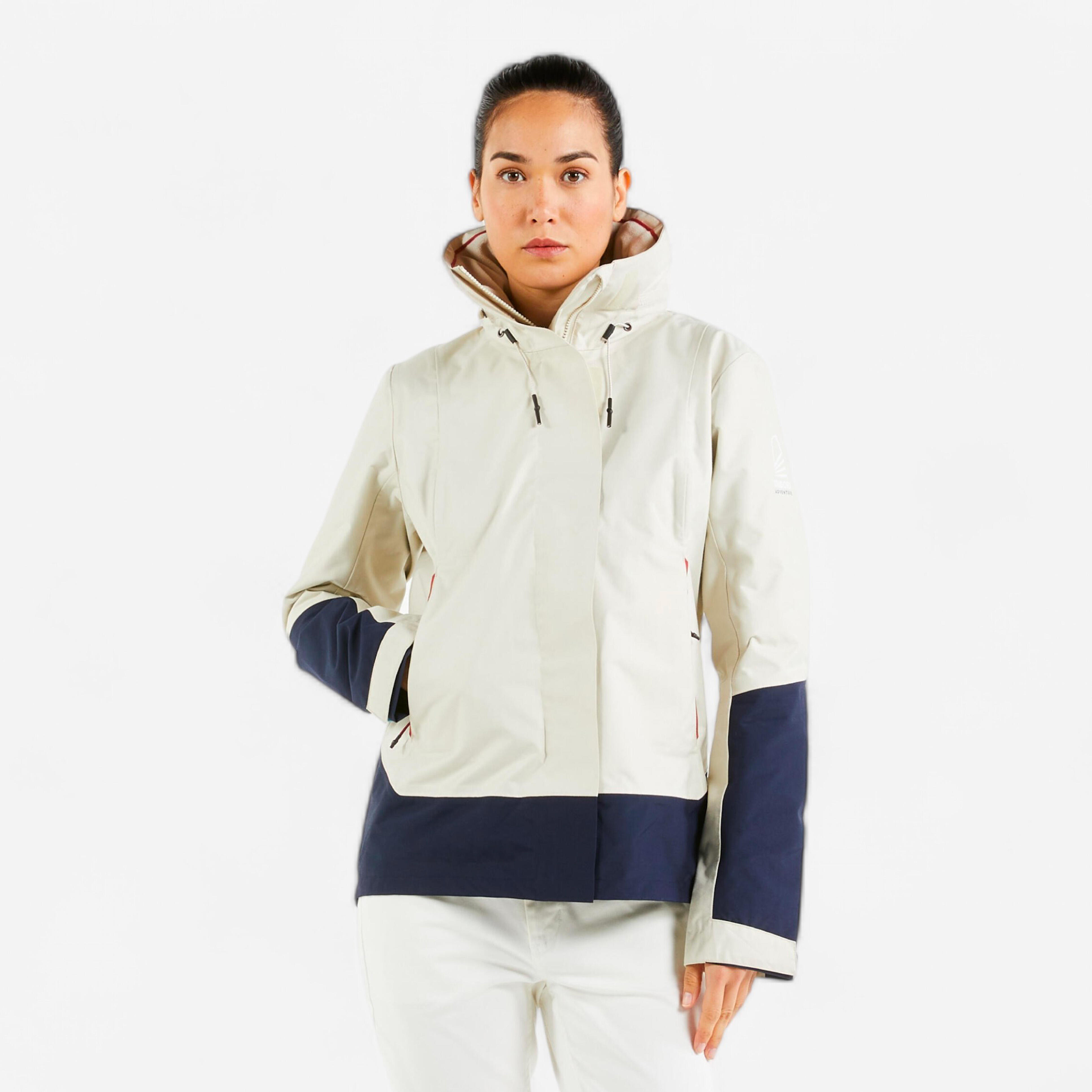 Women's windproof waterproof jacket - wet-weather jacket SAILING 300 beige navy