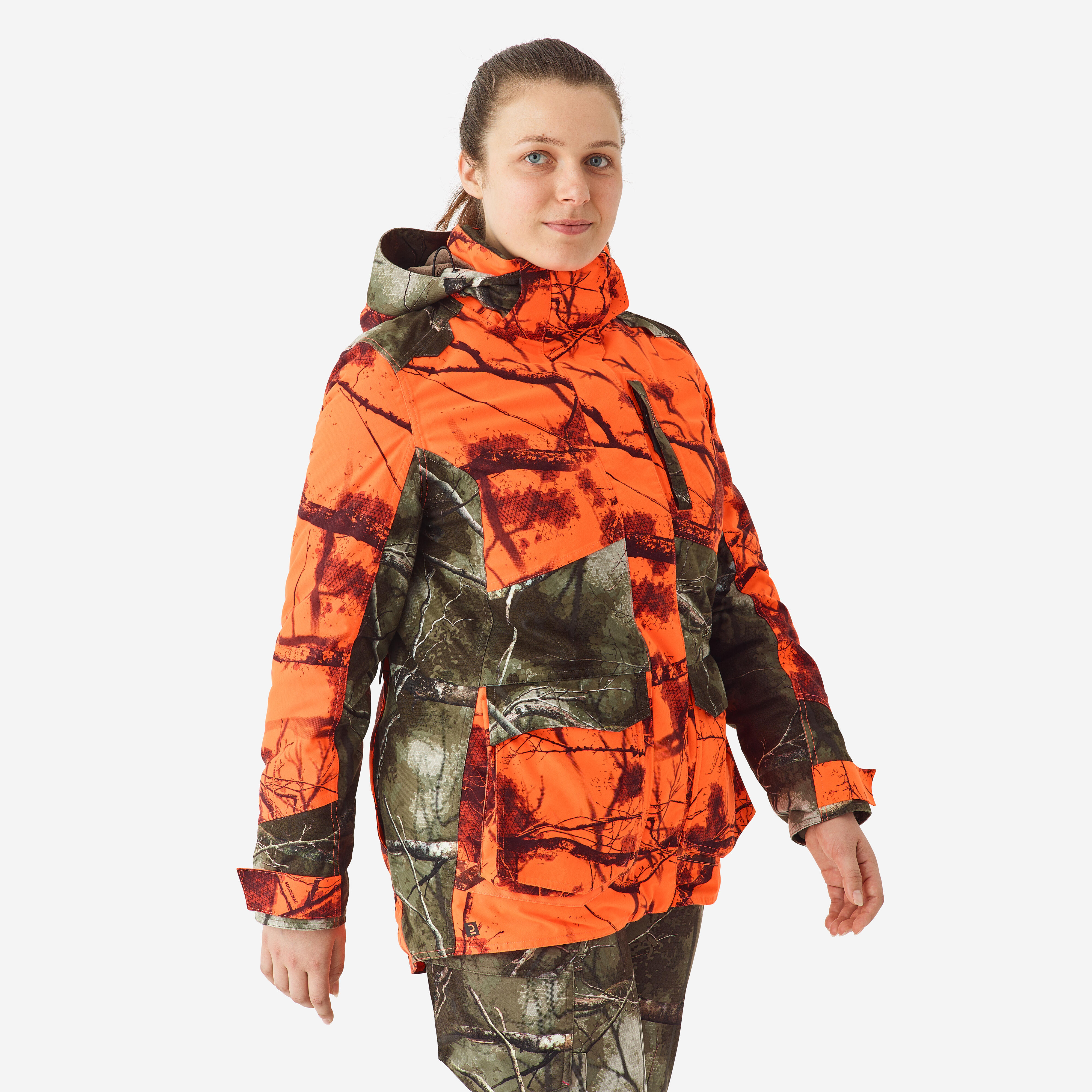 Women’s 3-in-1 warm silent waterproof hunting jacket neon camouflage 500