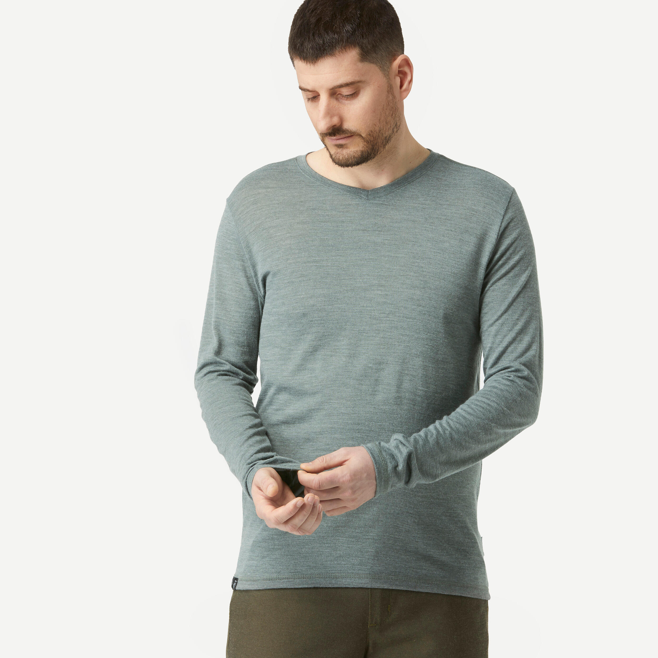 Men's long-sleeved Merino wool trekking t-shirt - TRAVEL 500 - Khaki
