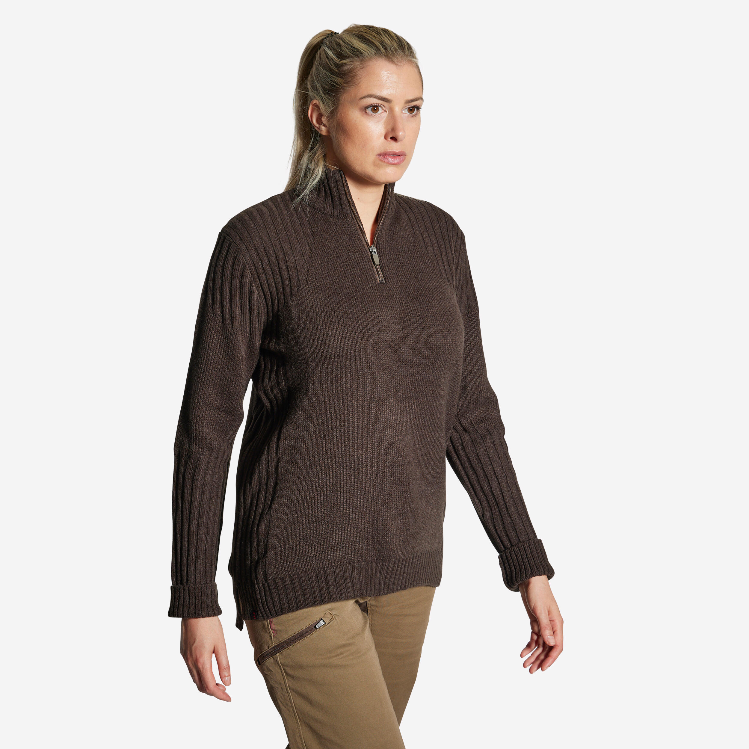 WOMEN'S HALF-ZIP QUIET BREATHABLE KNIT PULLOVER 500 BROWN