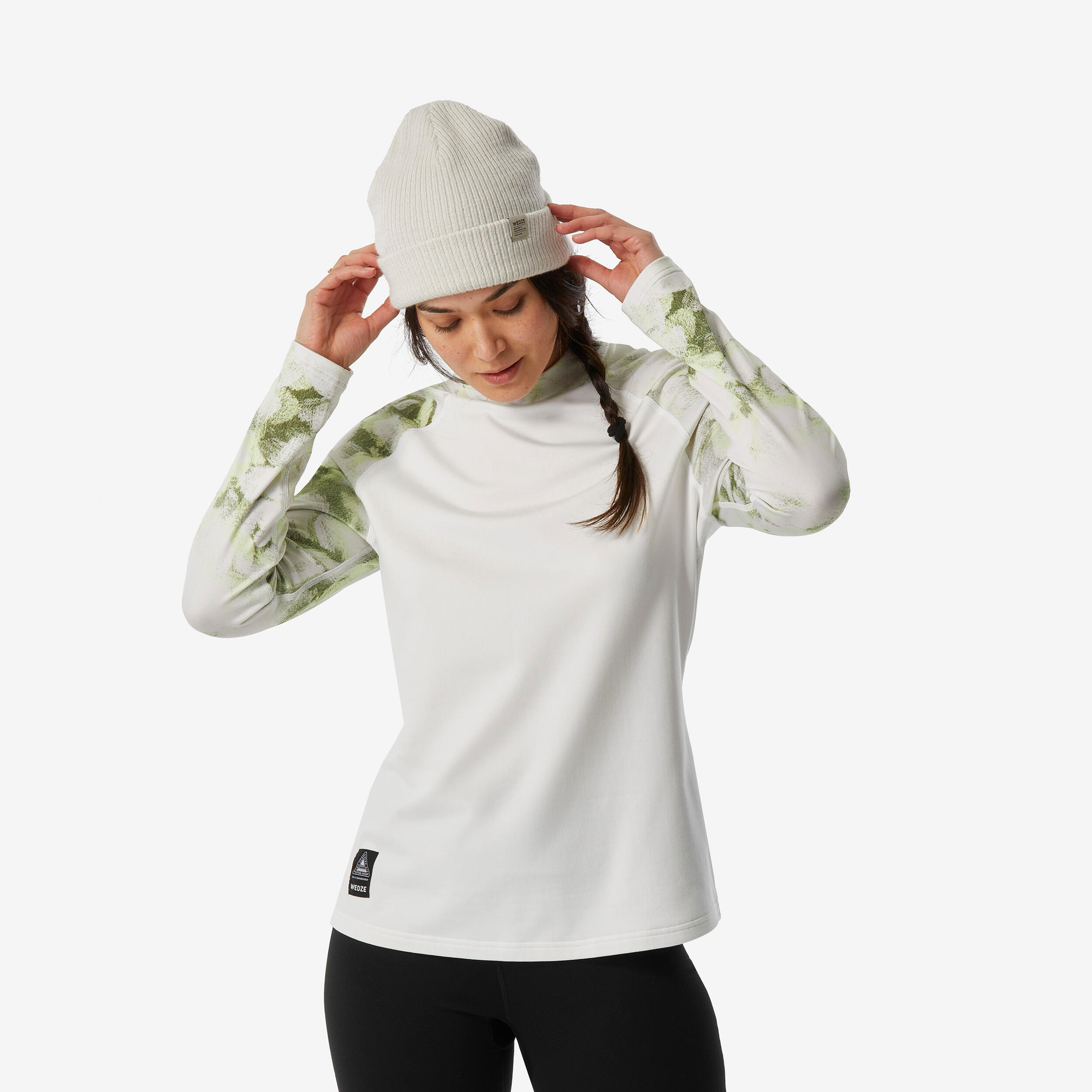 Women's Warm and Breathable Loose Fit Ski Base Layer  500 Beige Green Print