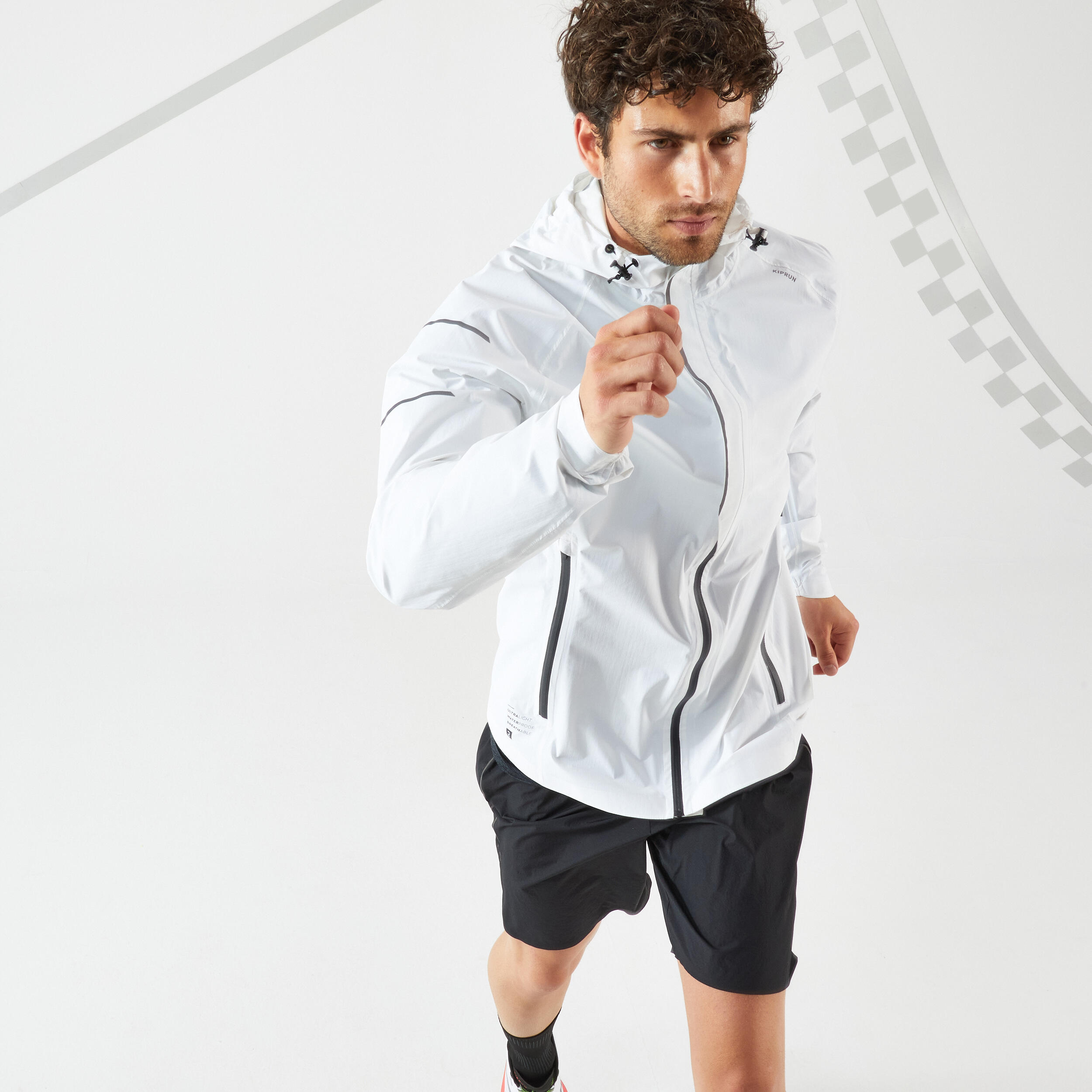 MEN'S WATERPROOF WINDPROOF RUNNING JACKET - KIPRUN RAIN+ WHITE