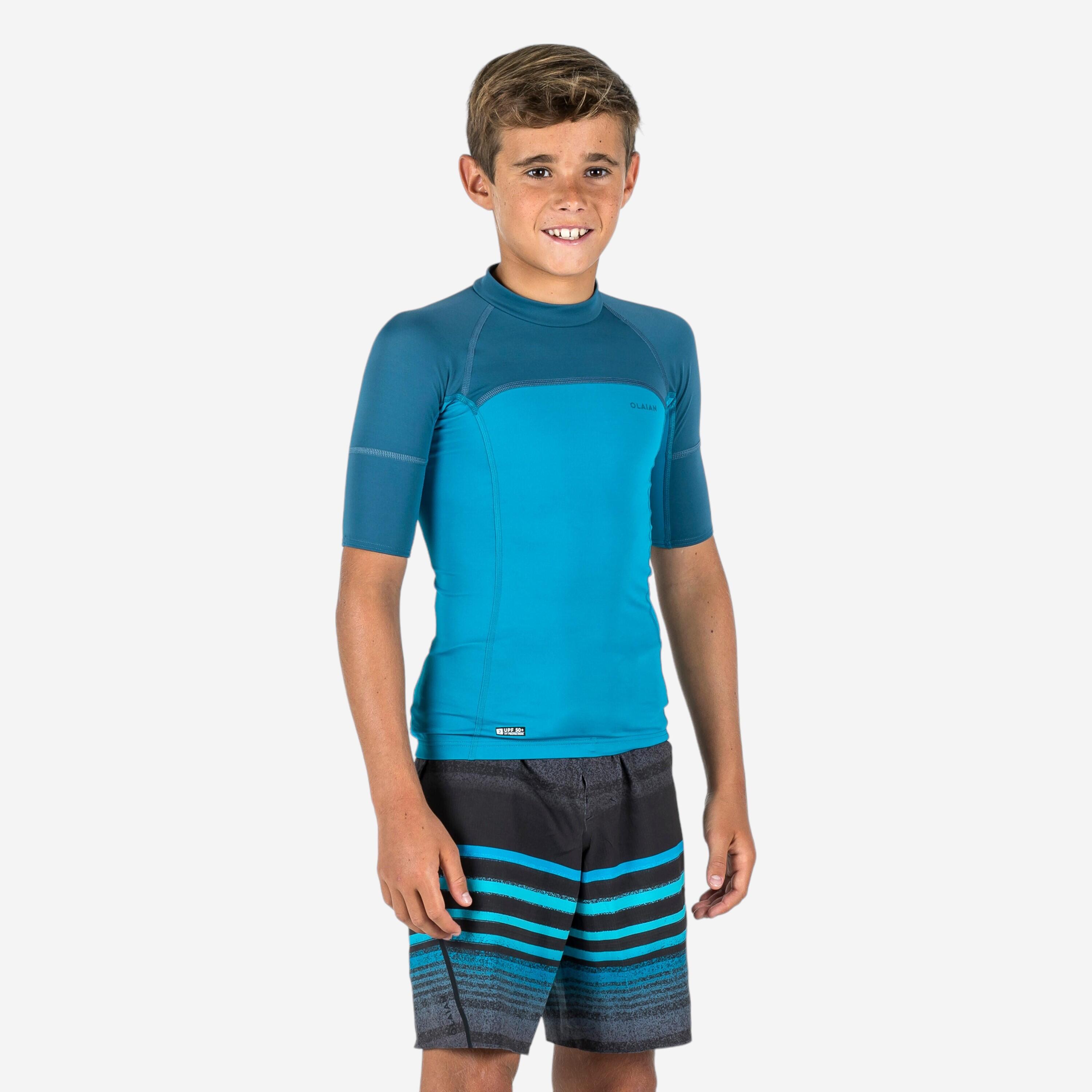 Boy's surfing anti-UV short-sleeved T-shirt - 500 - blue