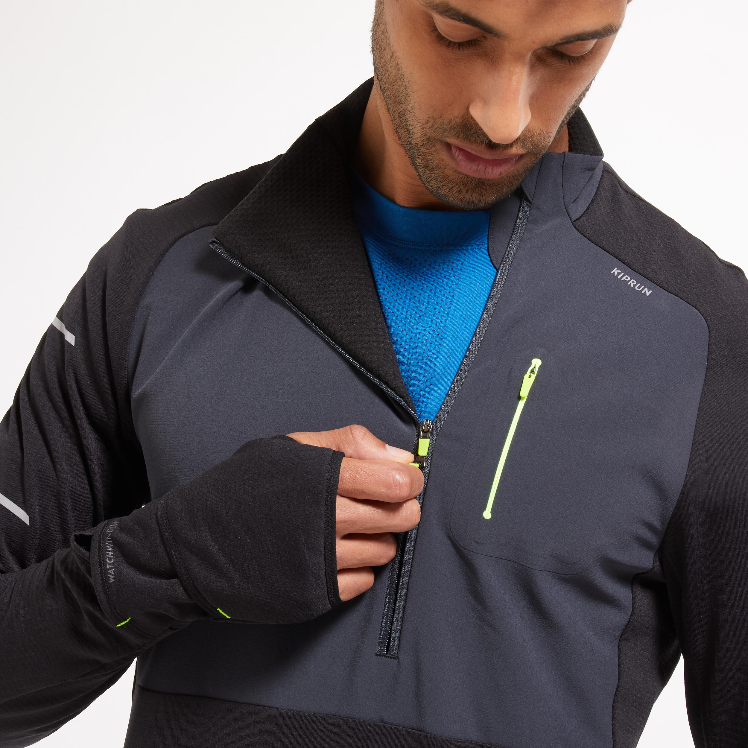 WARM REGUL MEN'S LONG-SLEEVED WINTER RUNNING T-SHIRT BLACK GREY YELLOW