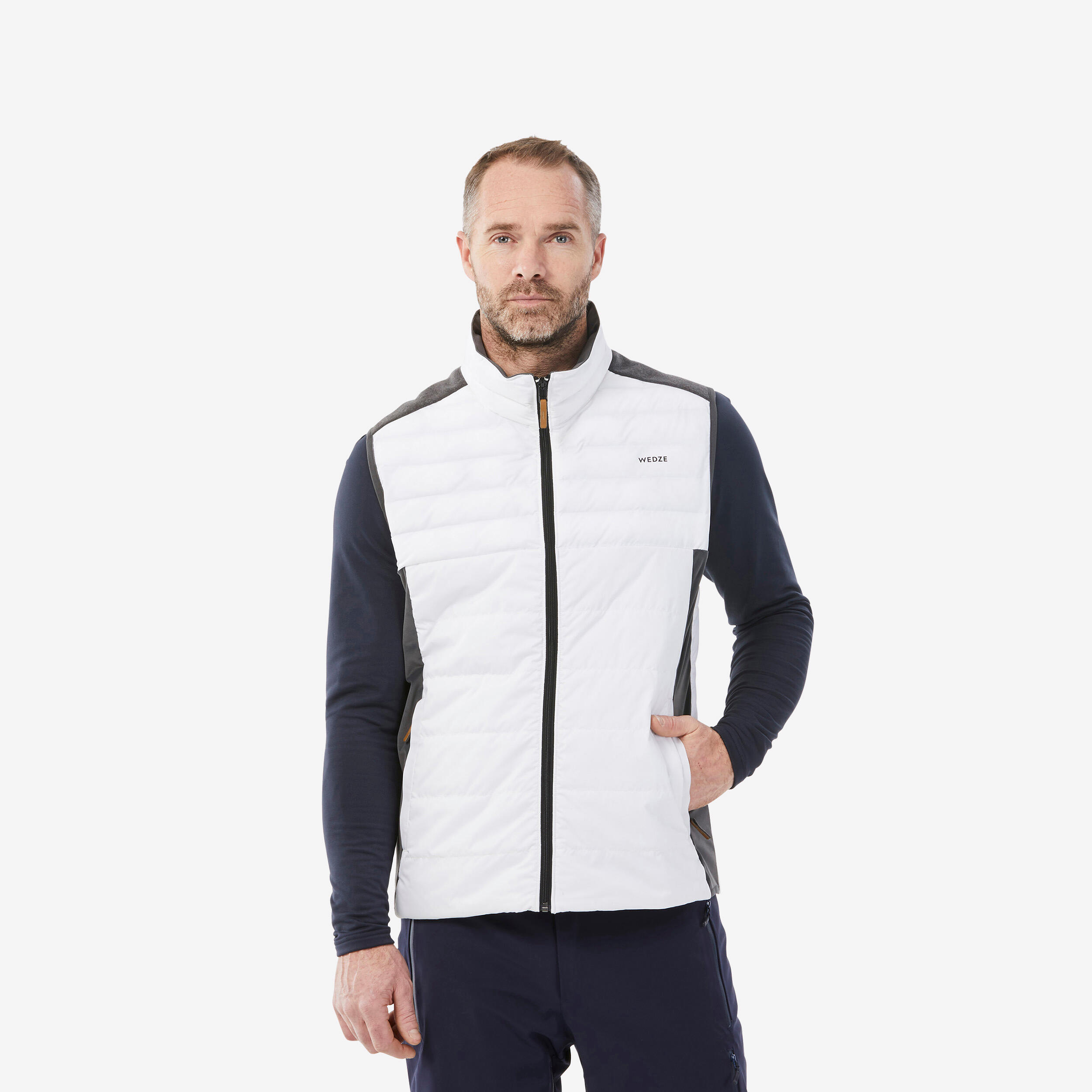MEN'S 500 WARM SLEEVELESS SKI JACKET - GREY / WHITE