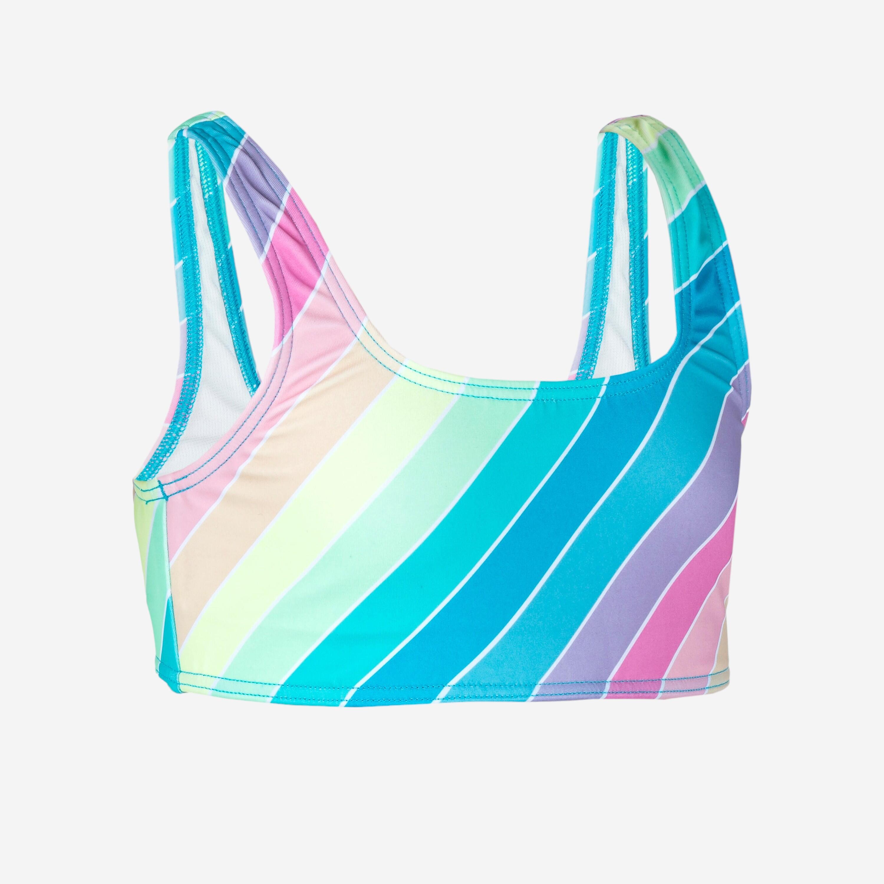 Girl's swimsuit crop top - 500 Lana rainbow stripes turquoise