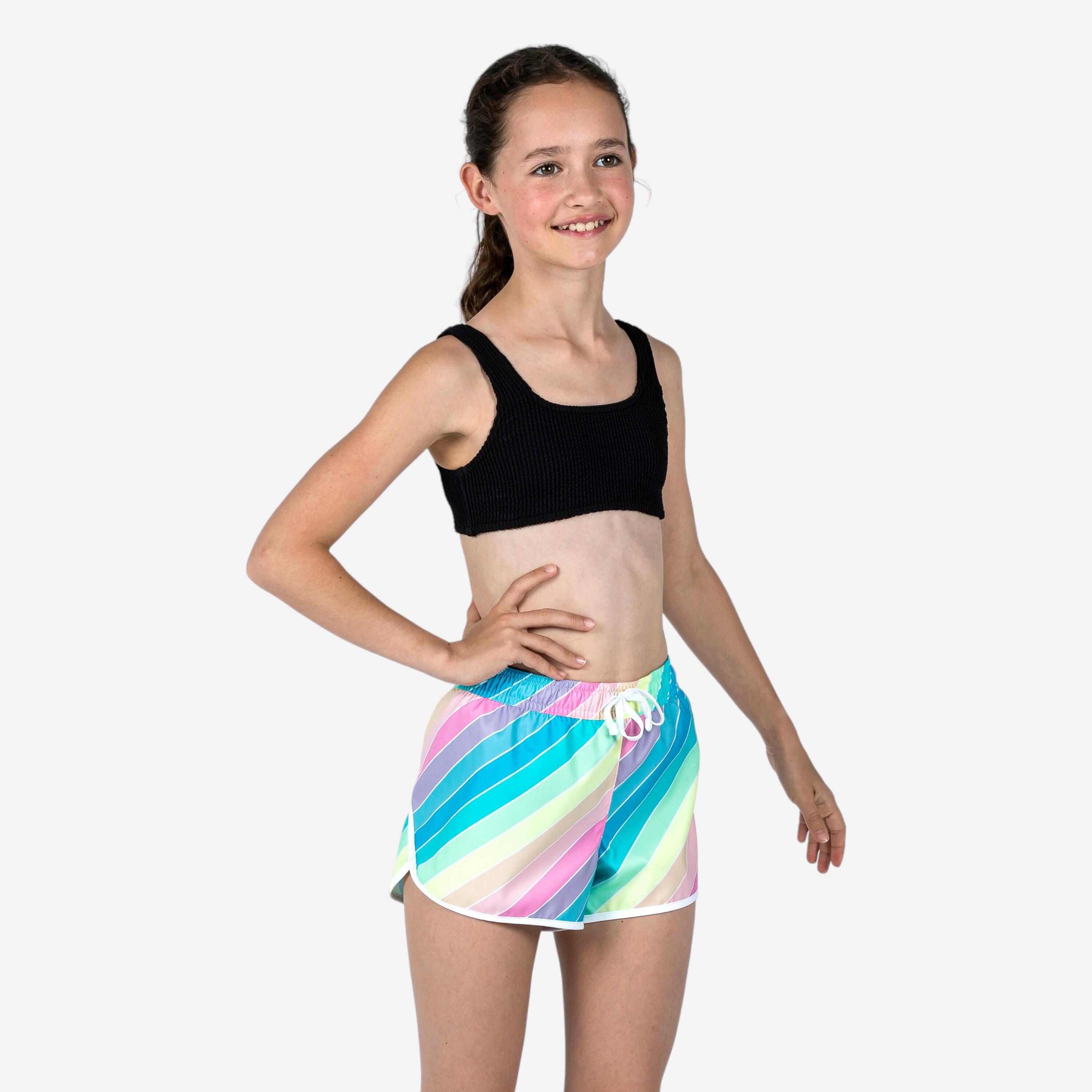 Girl's swim shorts - 100 Katy rainbow stripes turquoise