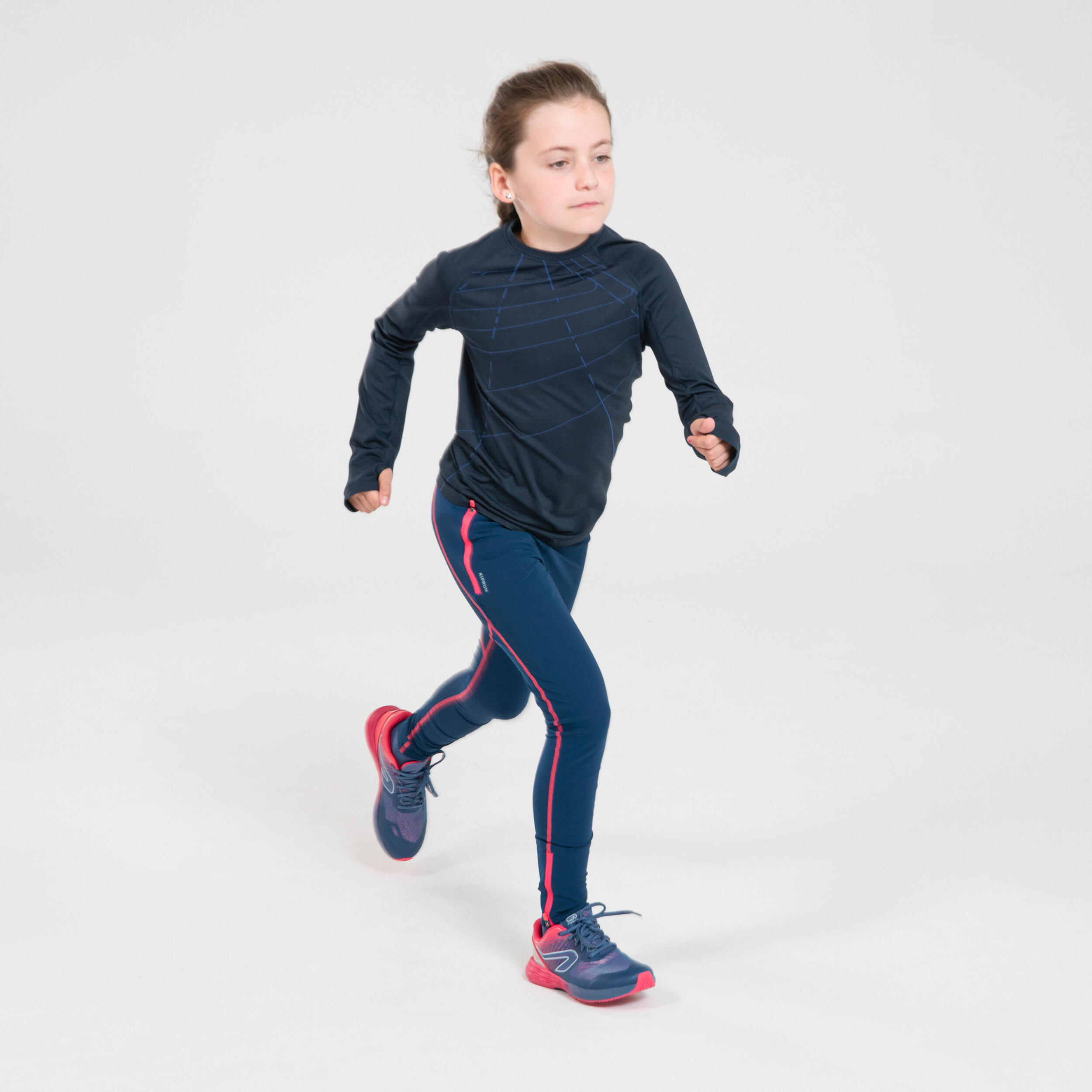 GIRLS' BREATHABLE RUNNING TIGHTS - KIPRUN DRY+ - NAVY PINK