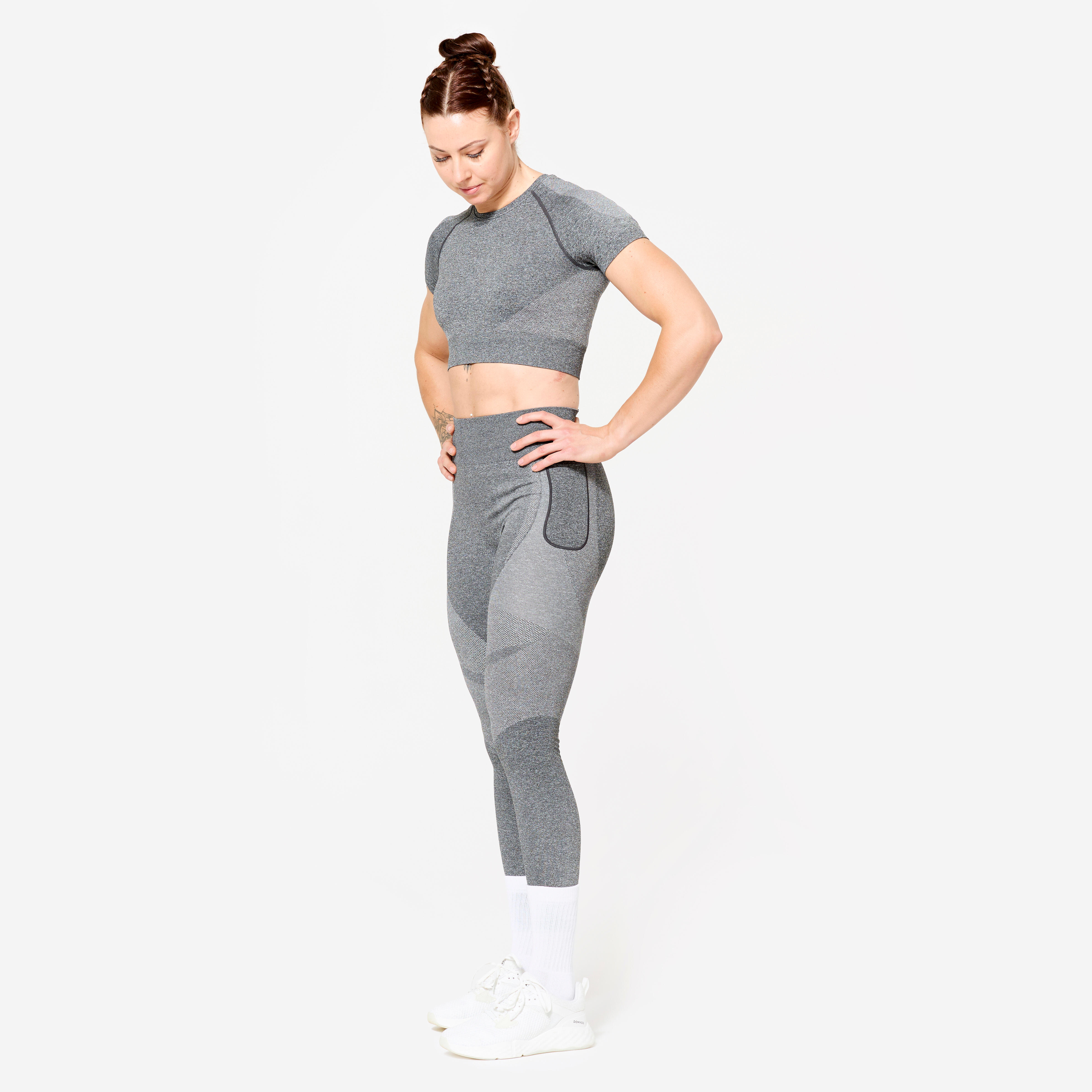 High-Waisted Seamless Fitness Leggings with Phone Pocket - Grey