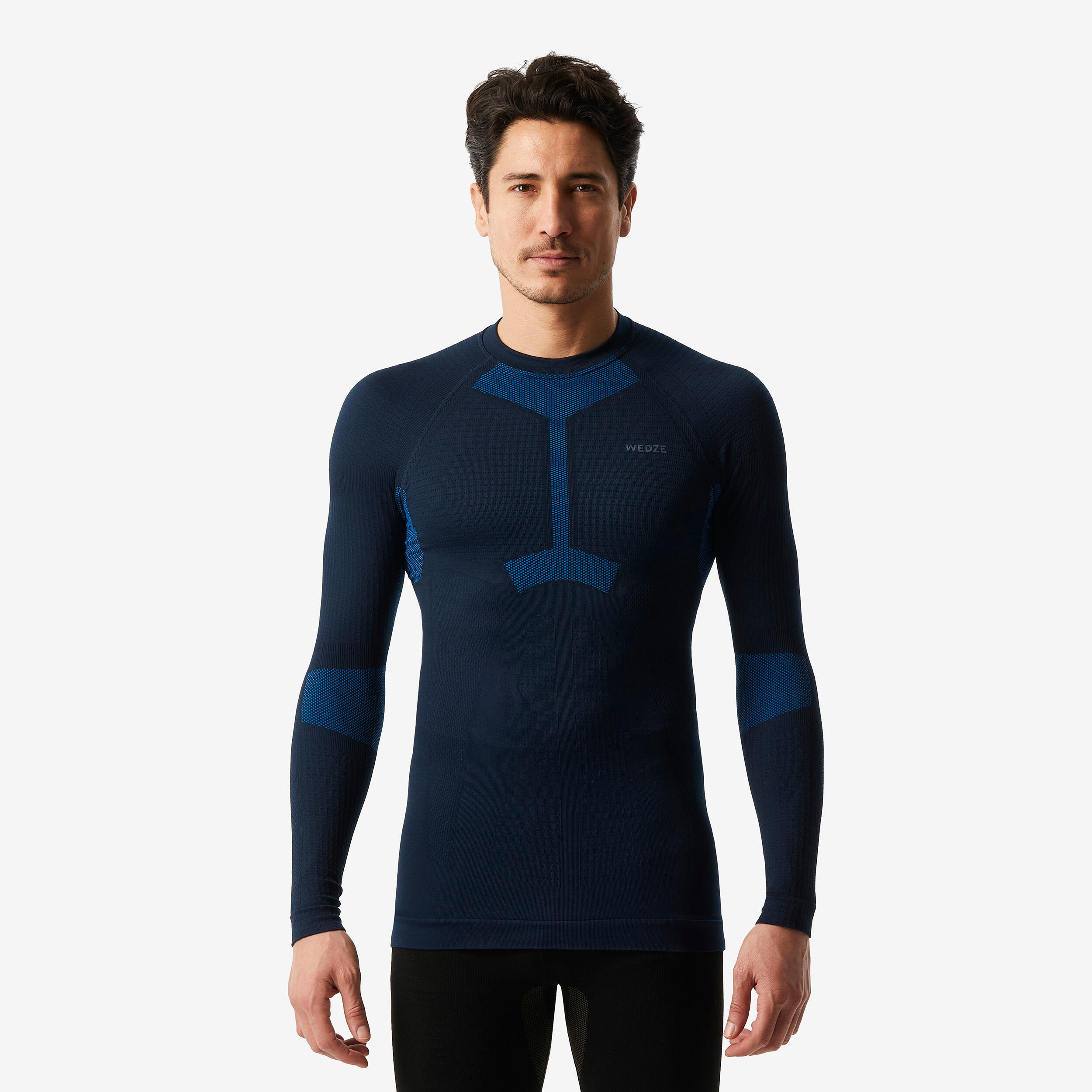 Men's Warm and Comfortable Thermal Ski Base Layer  500 Seamless Black and Blue