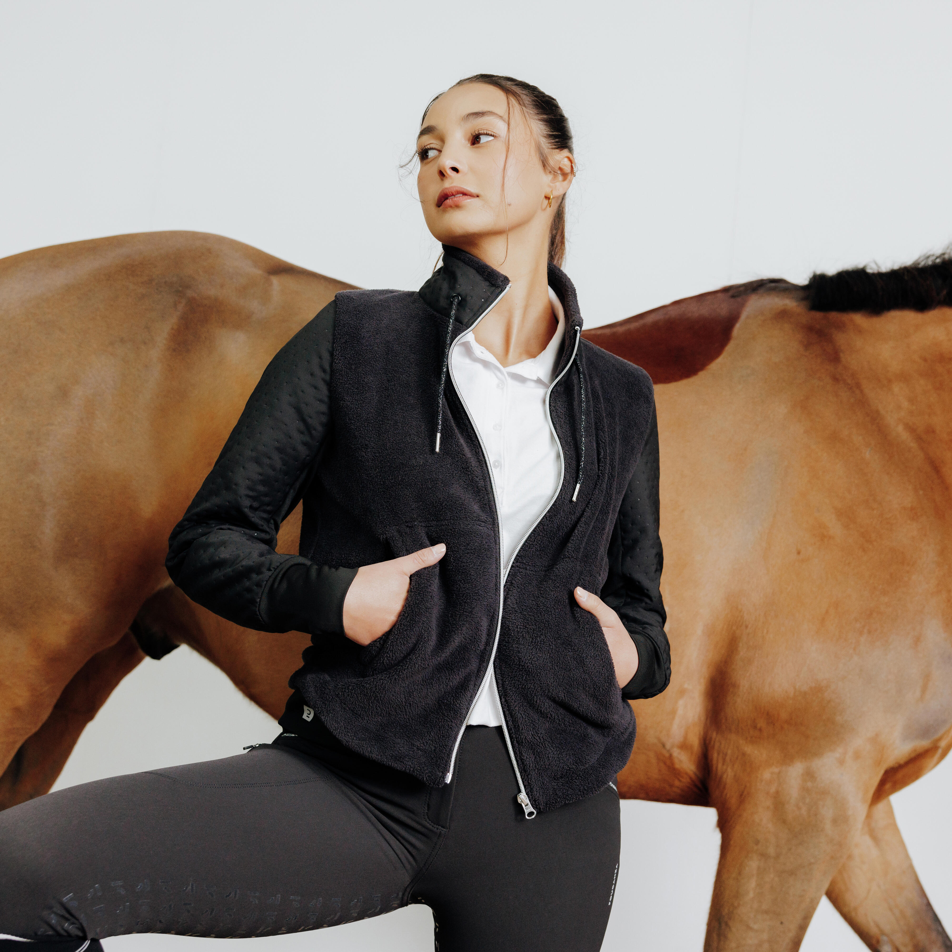 Women's Horse Riding Zipped Warm Sweatshirt 500 - Black