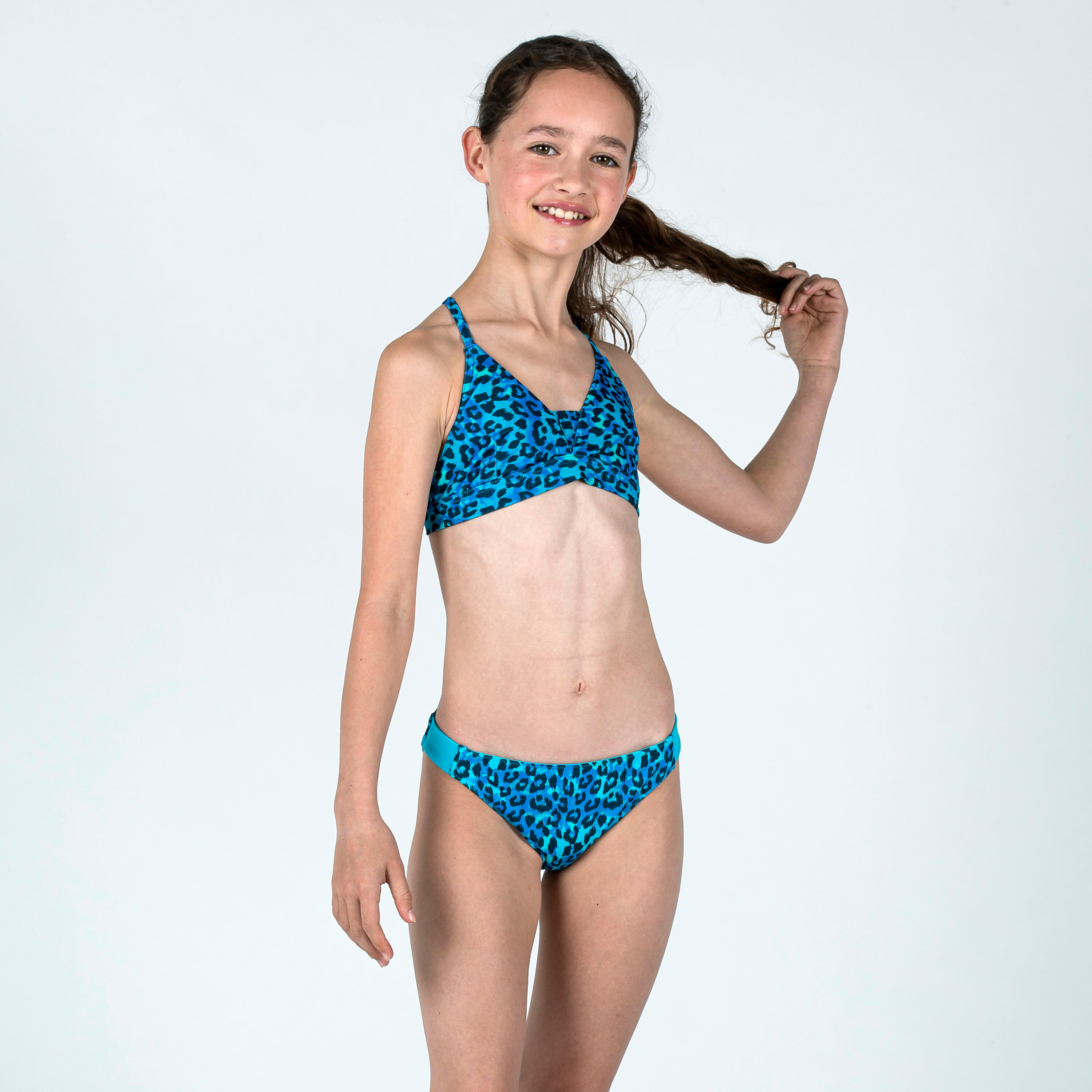 Girl's reversible swimsuit bottoms - 500 Bella Leopard blue