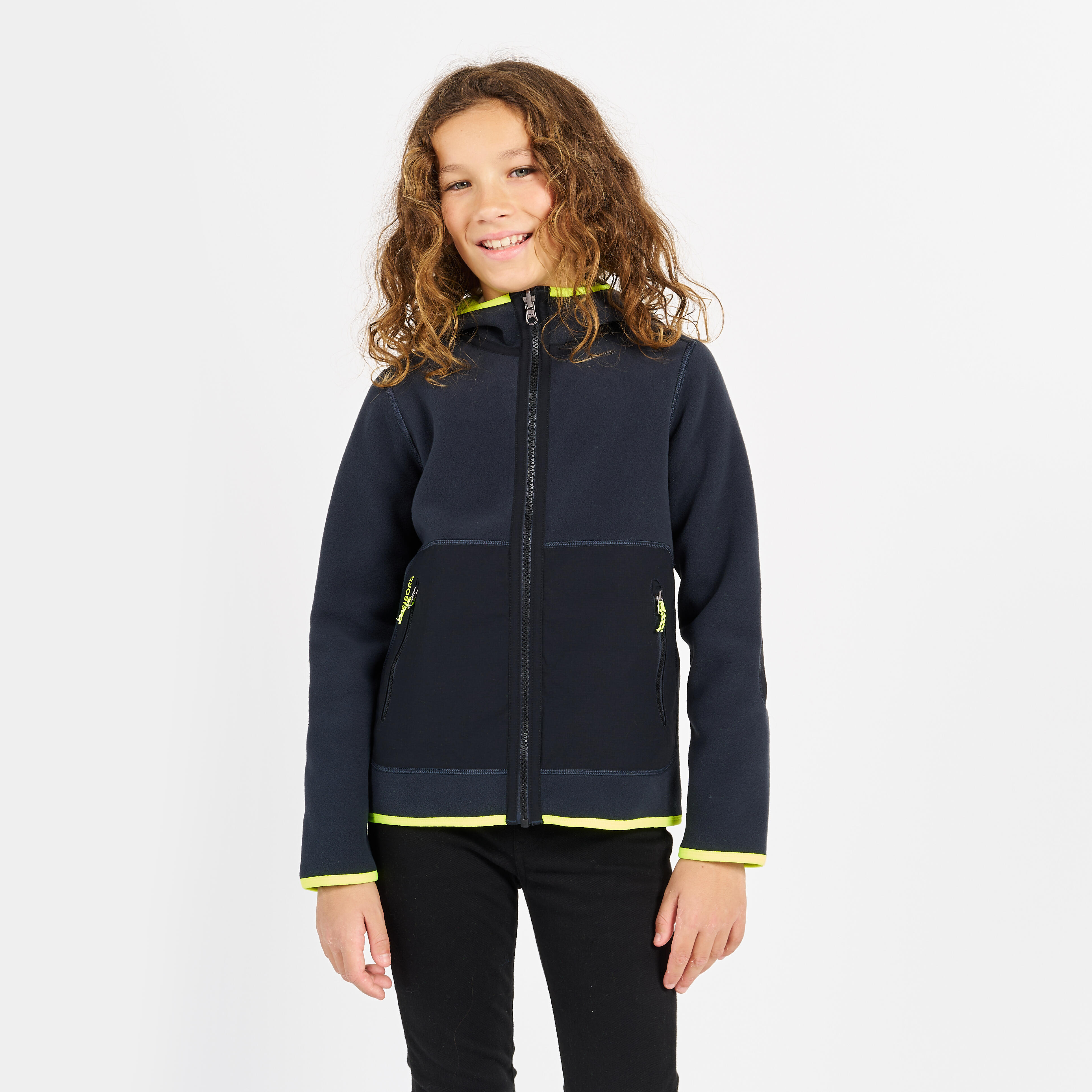 Kids’ Sailing fleece jacket  warm and reversible  500  navy blue/neon yellow
