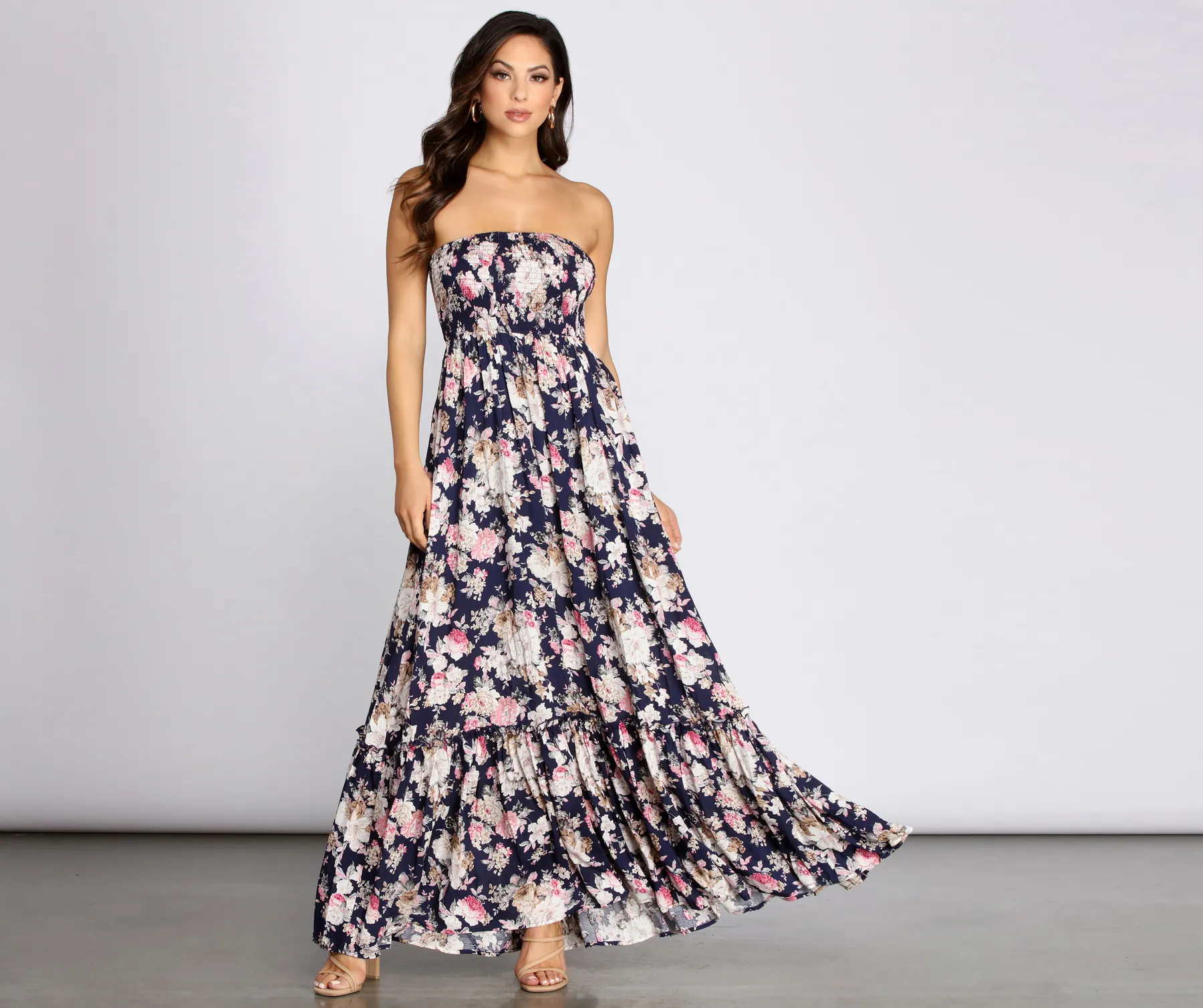 Smocked ruched backless tube maxi dress